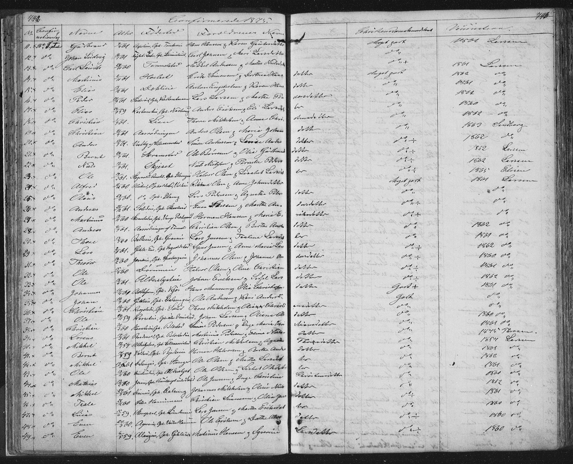 Vang prestekontor, Hedmark, SAH/PREST-008/H/Ha/Hab/L0010B: Parish register (copy) no. 10b, 1854-1896, p. 742-743