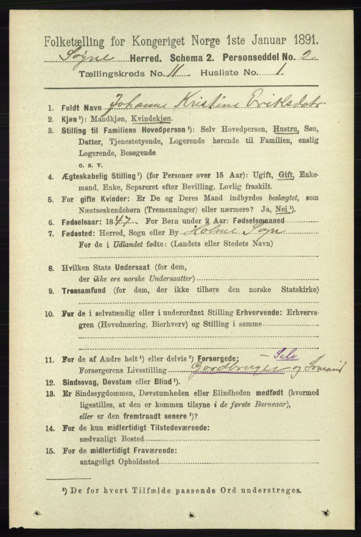 RA, 1891 census for 1018 Søgne, 1891, p. 2923