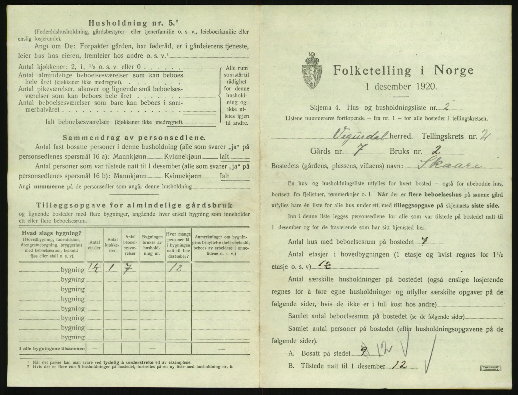 SAK, 1920 census for Vegusdal, 1920, p. 91