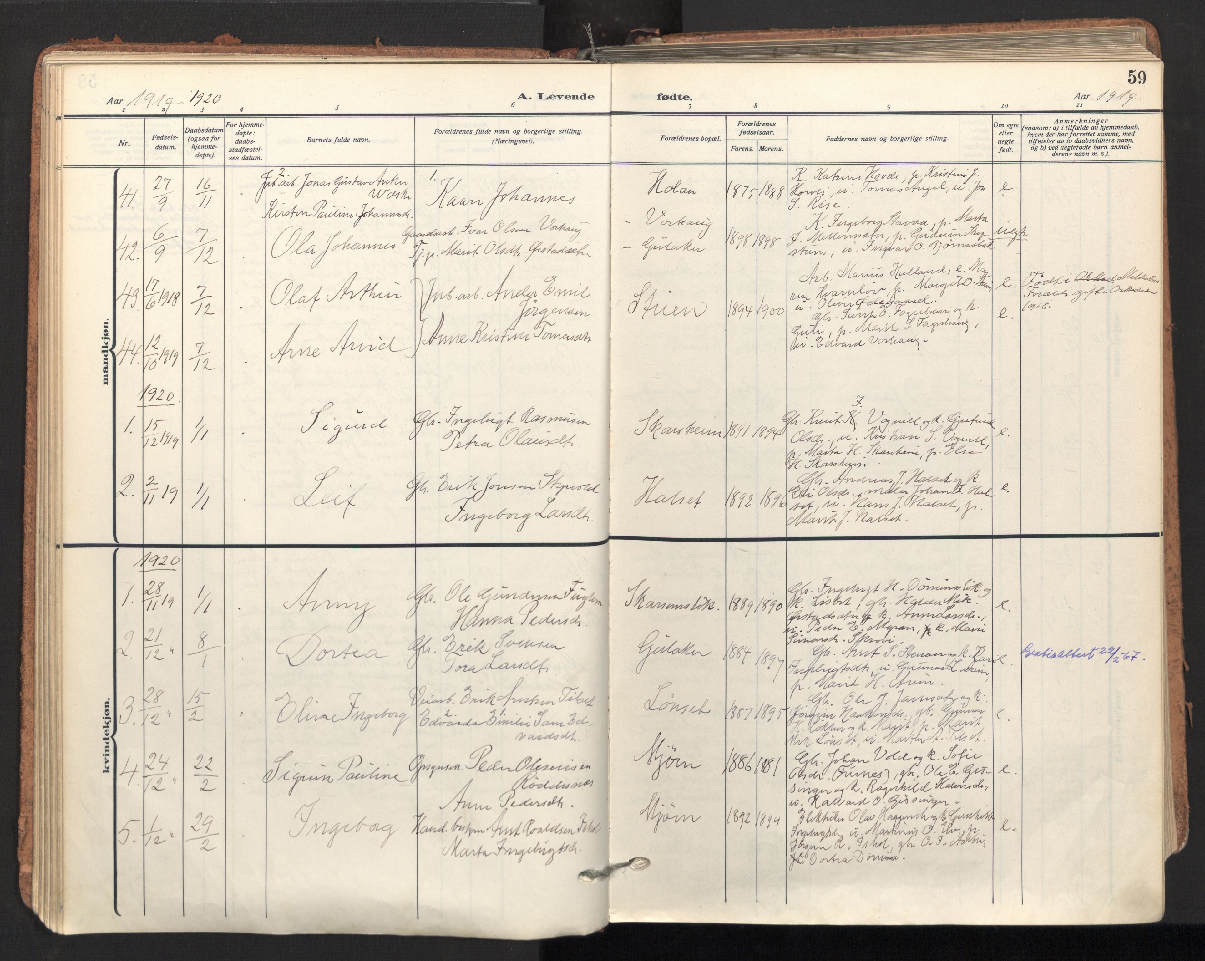 Ministerialprotokoller, klokkerbøker og fødselsregistre - Sør-Trøndelag, SAT/A-1456/678/L0909: Parish register (official) no. 678A17, 1912-1930, p. 59