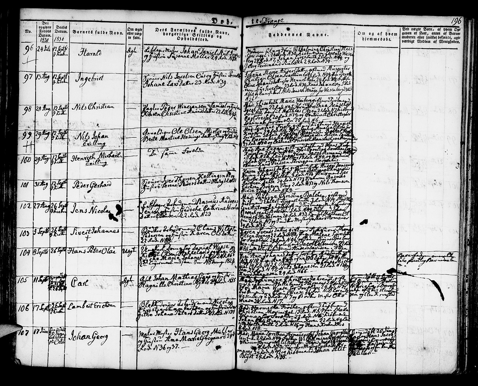 Korskirken sokneprestembete, AV/SAB-A-76101/H/Hab: Parish register (copy) no. A 3, 1821-1831, p. 196