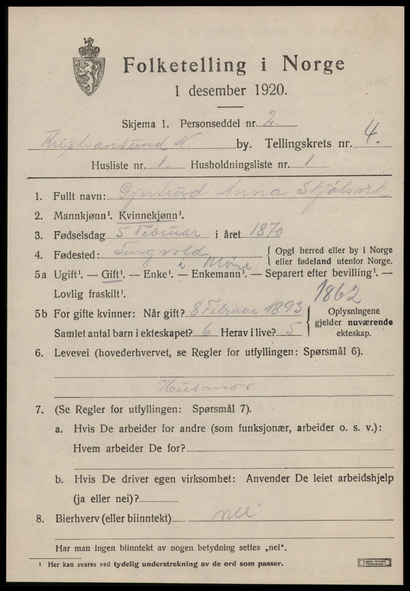 SAT, 1920 census for Kristiansund, 1920, p. 14889