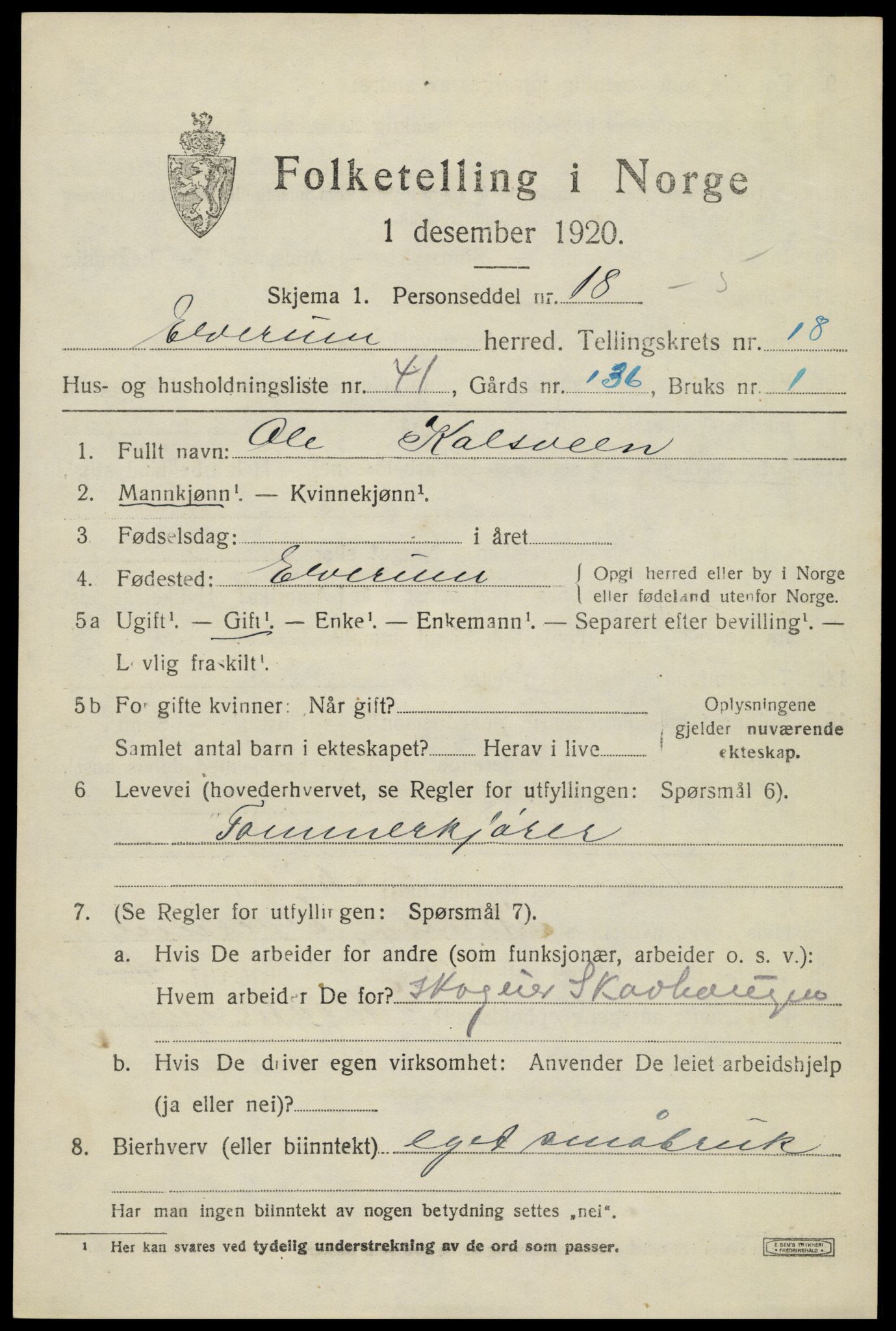 SAH, 1920 census for Elverum, 1920, p. 22528