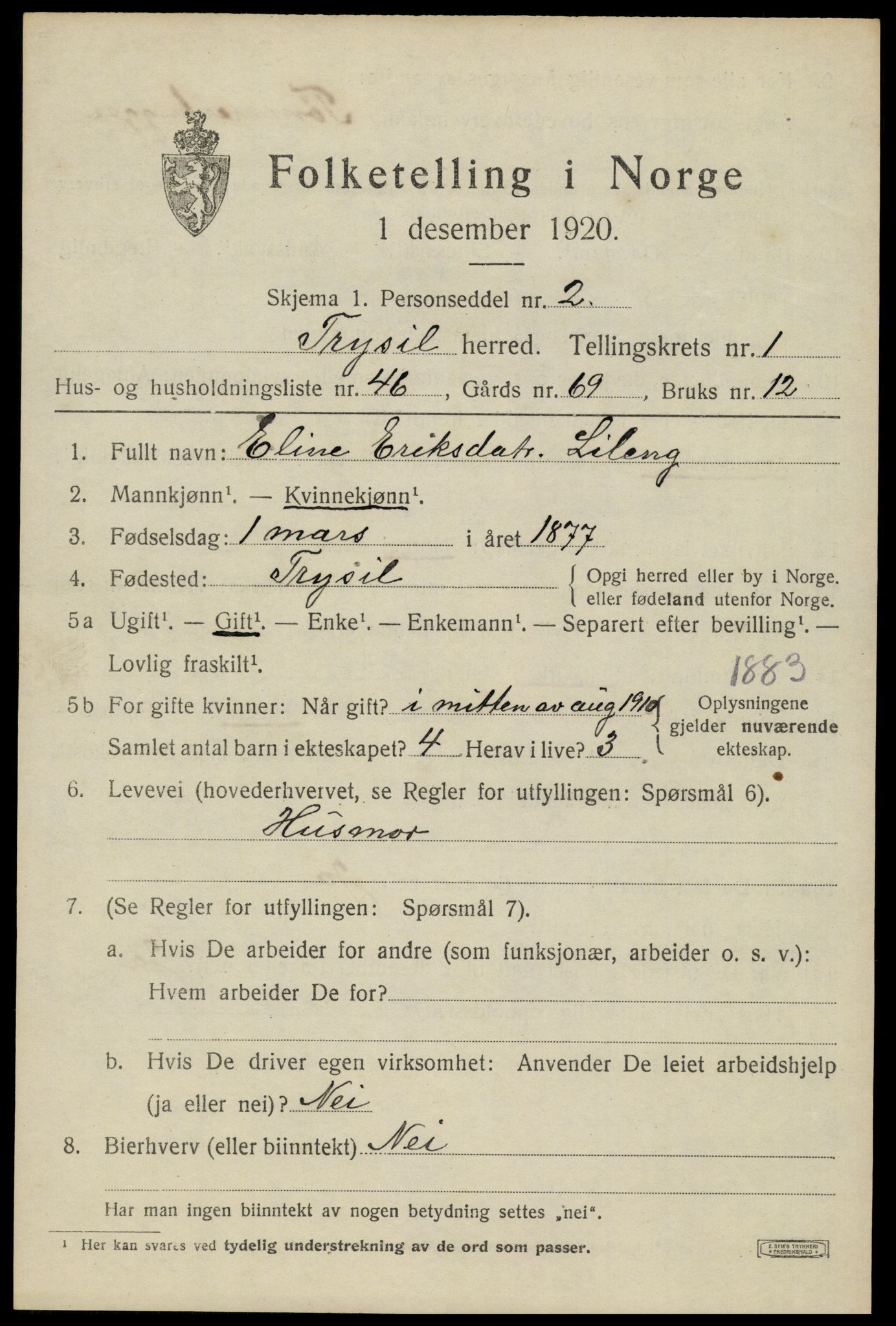SAH, 1920 census for Trysil, 1920, p. 3077