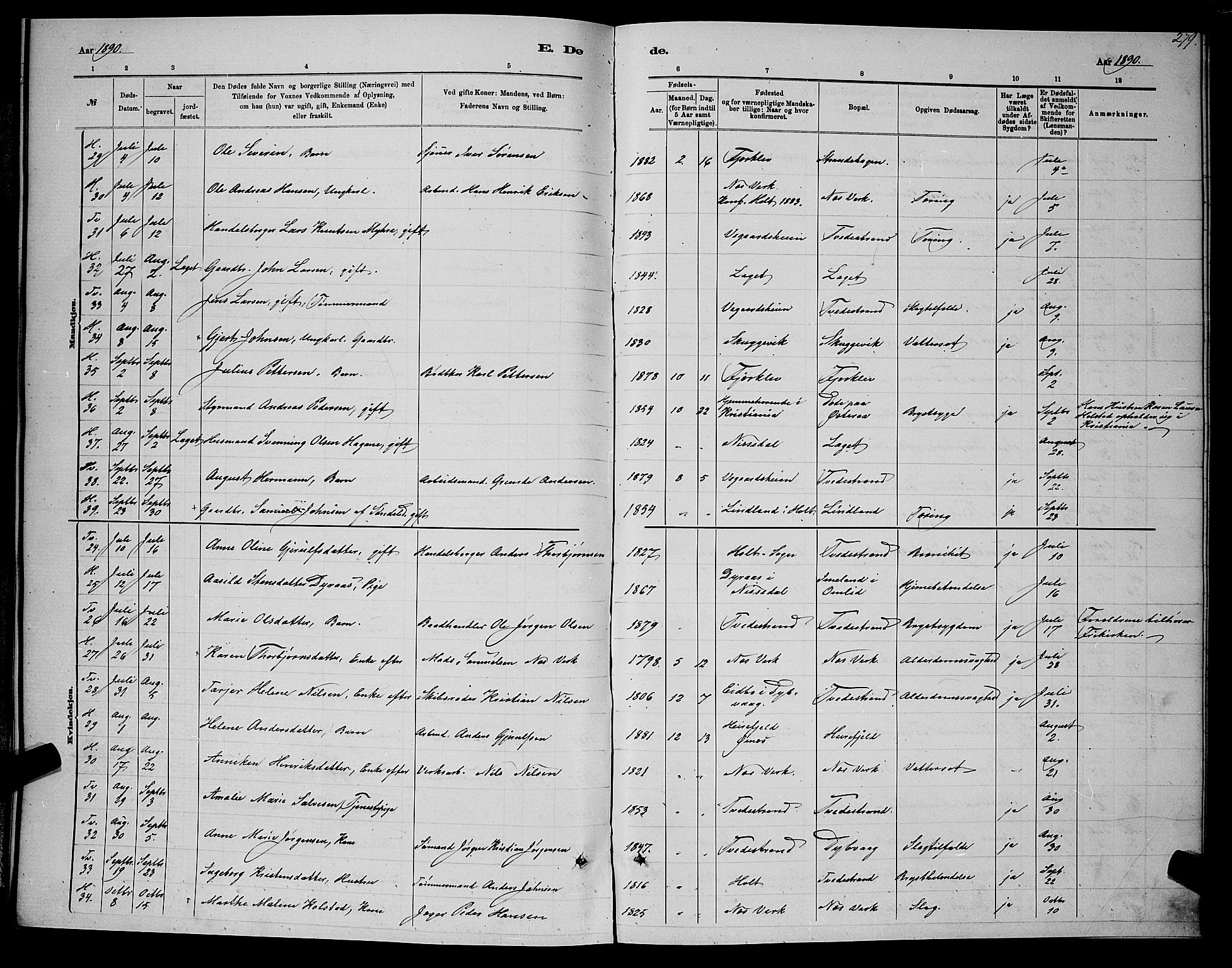 Holt sokneprestkontor, AV/SAK-1111-0021/F/Fb/L0010: Parish register (copy) no. B 10, 1883-1896, p. 279