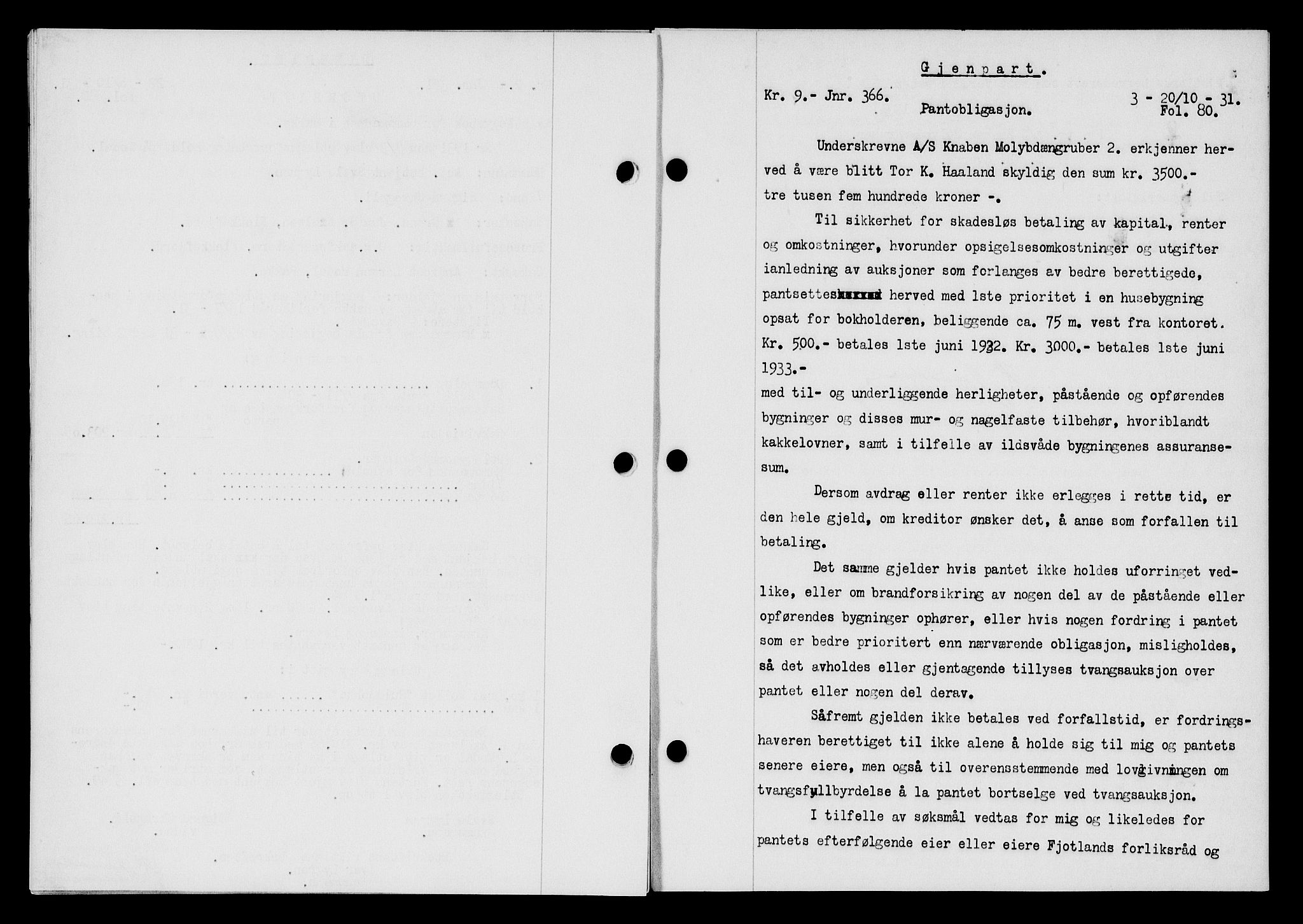 Flekkefjord sorenskriveri, SAK/1221-0001/G/Gb/Gba/L0047: Mortgage book no. 45, 1931-1932, Deed date: 20.10.1931