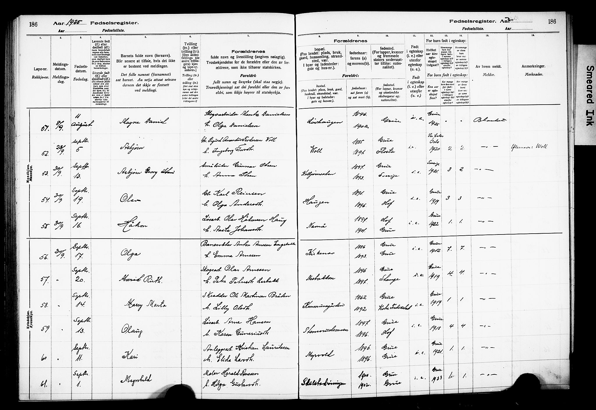 Grue prestekontor, AV/SAH-PREST-036/I/Id/Ida/L0001: Birth register no. I 1, 1916-1926, p. 186