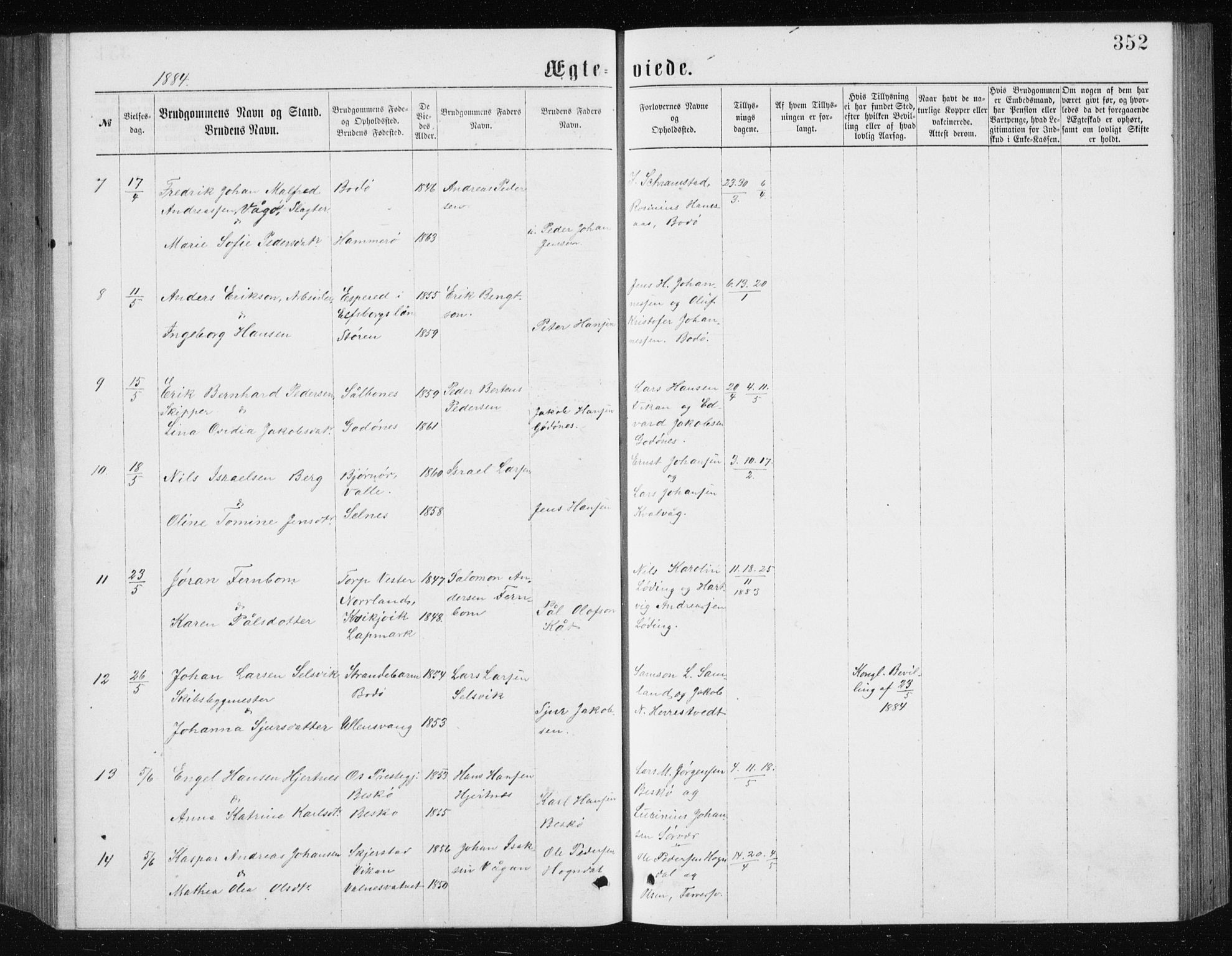 Ministerialprotokoller, klokkerbøker og fødselsregistre - Nordland, AV/SAT-A-1459/801/L0031: Parish register (copy) no. 801C06, 1883-1887, p. 352