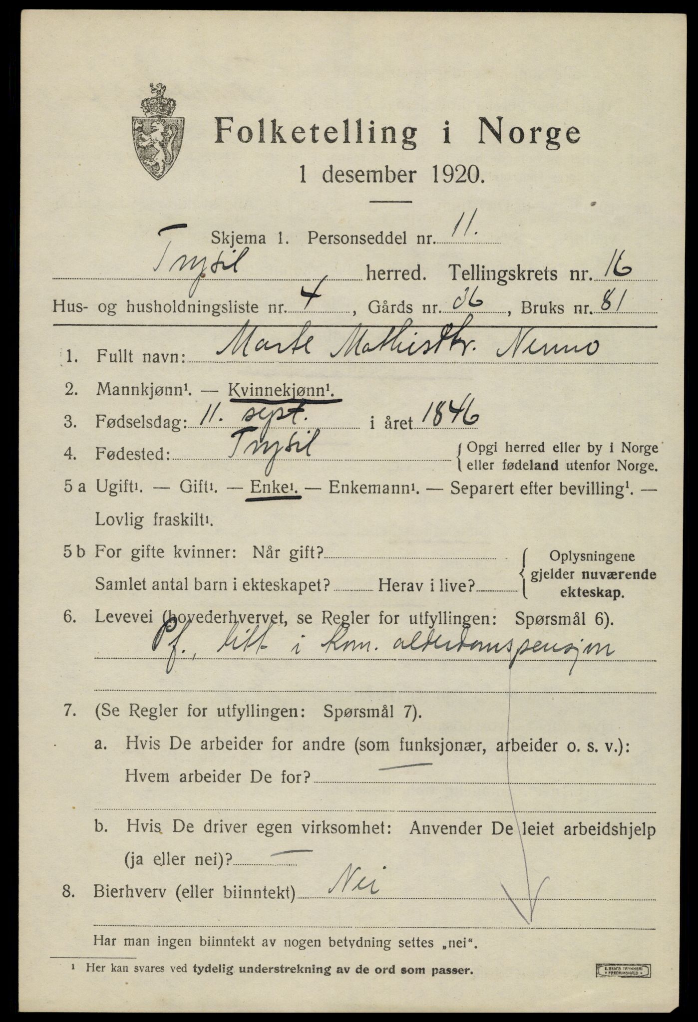 SAH, 1920 census for Trysil, 1920, p. 9487