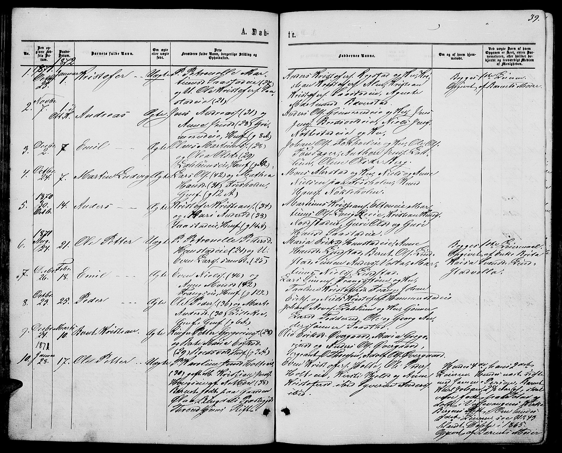 Stange prestekontor, SAH/PREST-002/L/L0006: Parish register (copy) no. 6, 1864-1882, p. 39