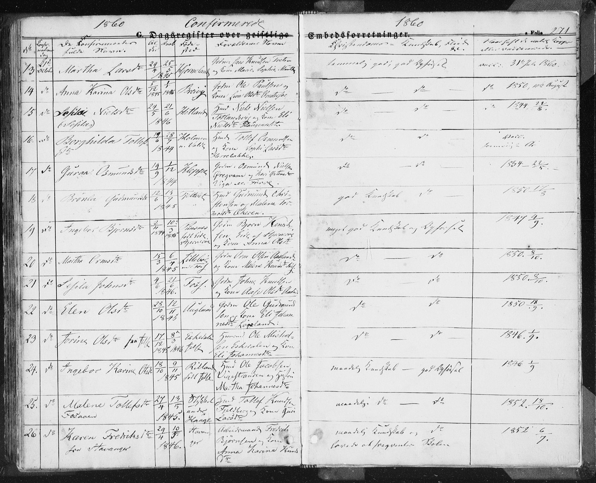 Hjelmeland sokneprestkontor, SAST/A-101843/01/IV/L0009: Parish register (official) no. A 9, 1846-1860, p. 271