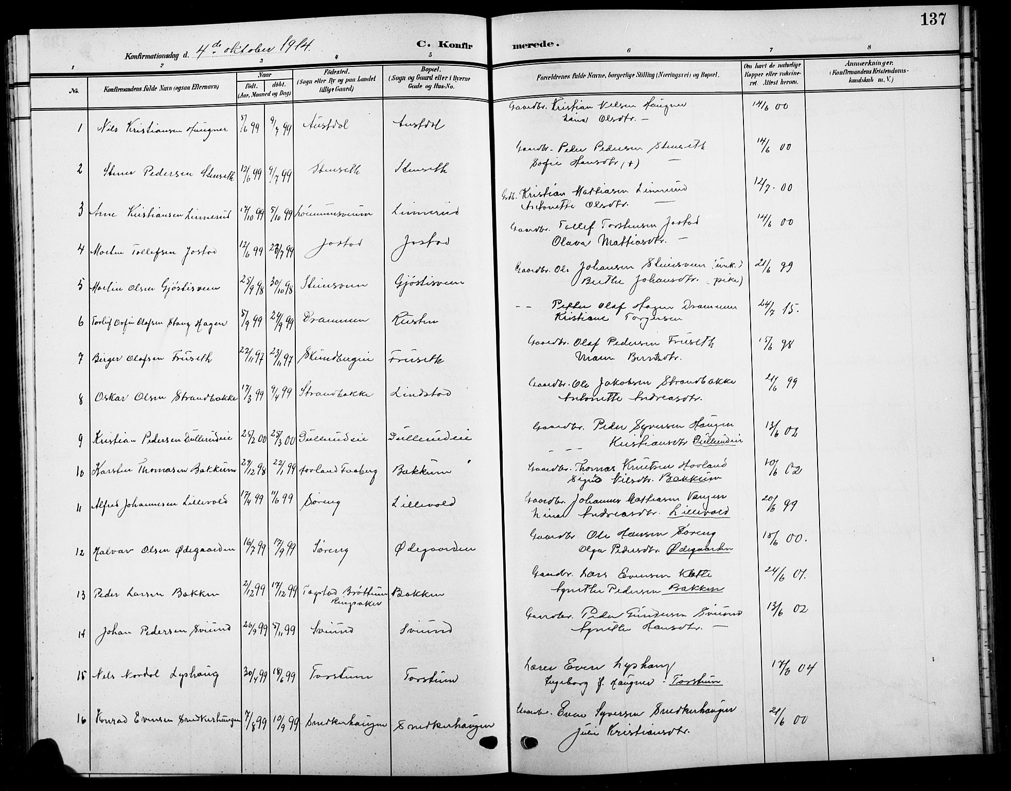 Biri prestekontor, SAH/PREST-096/H/Ha/Hab/L0005: Parish register (copy) no. 5, 1906-1919, p. 137