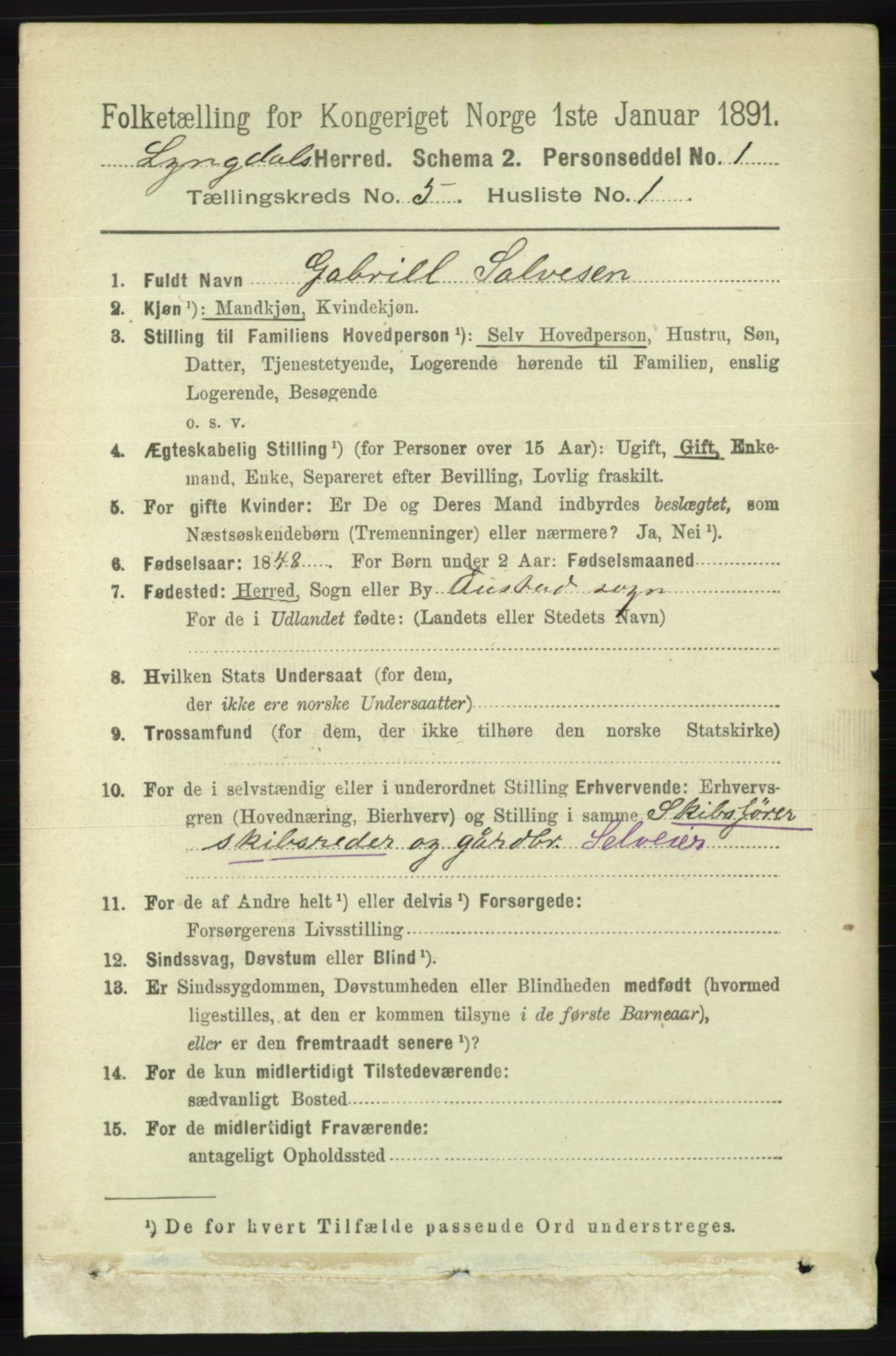 RA, 1891 census for 1032 Lyngdal, 1891, p. 1885