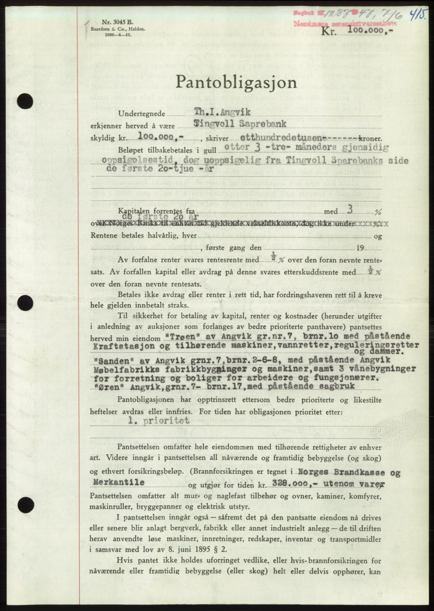 Nordmøre sorenskriveri, AV/SAT-A-4132/1/2/2Ca: Mortgage book no. B96, 1947-1947, Diary no: : 1237/1947