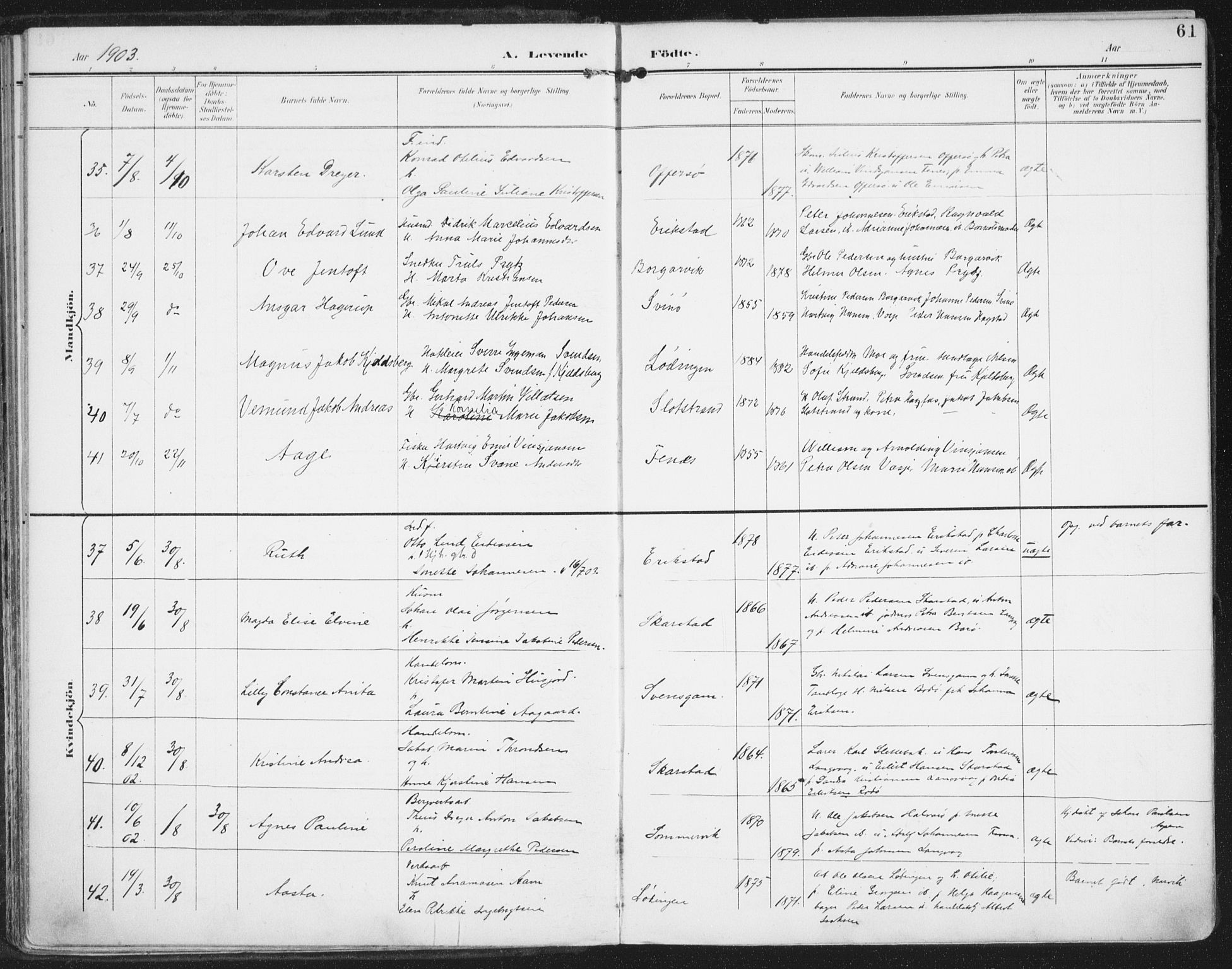 Ministerialprotokoller, klokkerbøker og fødselsregistre - Nordland, AV/SAT-A-1459/872/L1036: Parish register (official) no. 872A11, 1897-1913, p. 61