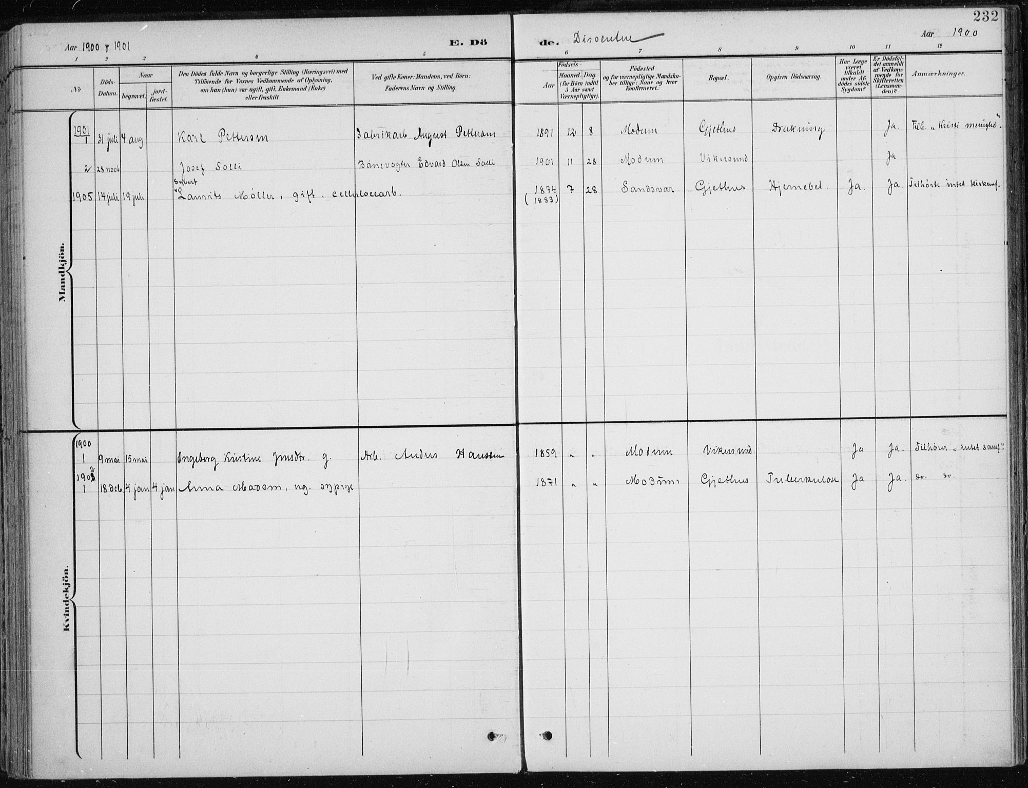 Modum kirkebøker, SAKO/A-234/F/Fa/L0013: Parish register (official) no. 13, 1899-1907, p. 232