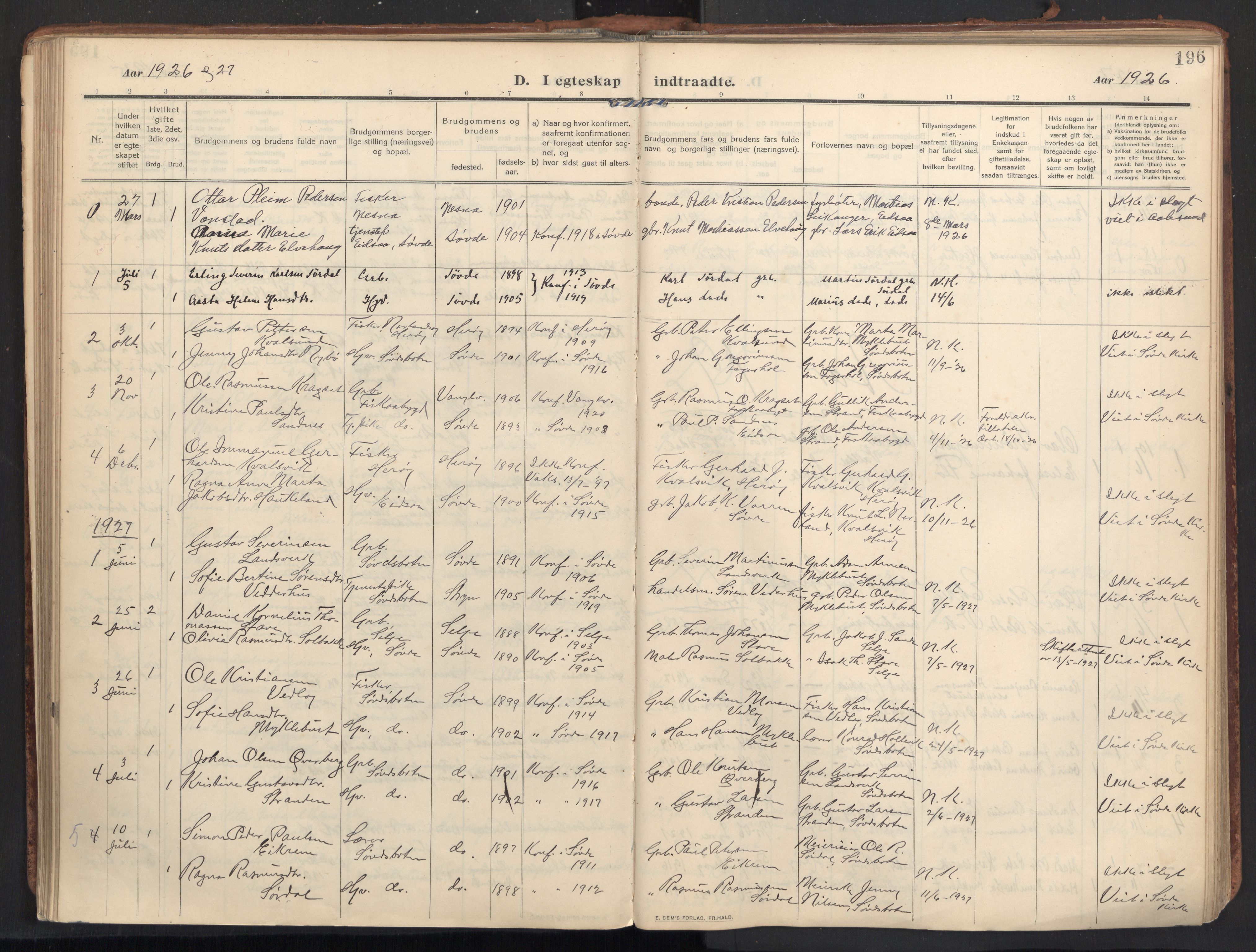 Ministerialprotokoller, klokkerbøker og fødselsregistre - Møre og Romsdal, SAT/A-1454/502/L0026: Parish register (official) no. 502A04, 1909-1933, p. 196