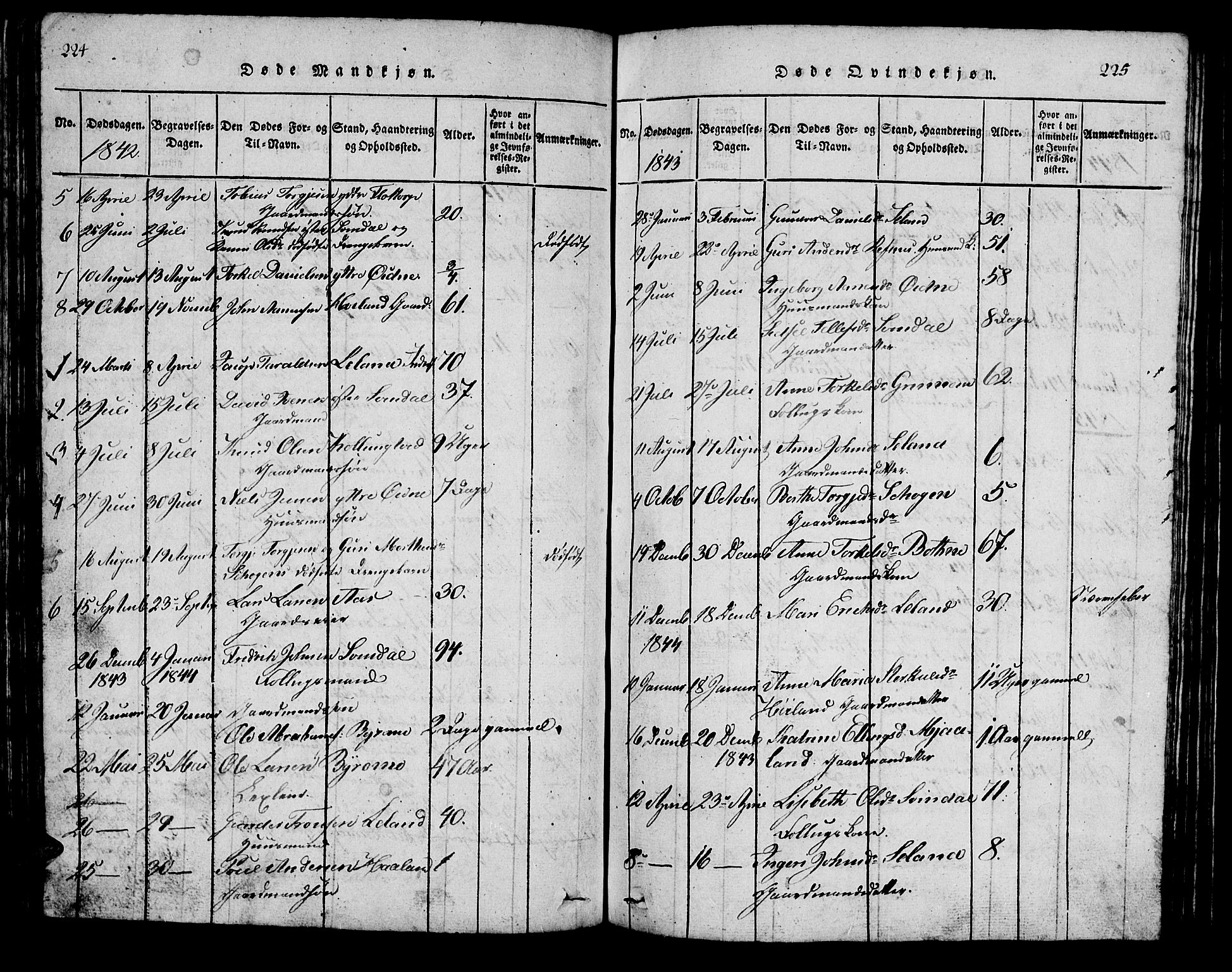 Bjelland sokneprestkontor, AV/SAK-1111-0005/F/Fb/Fbc/L0001: Parish register (copy) no. B 1, 1815-1870, p. 224-225