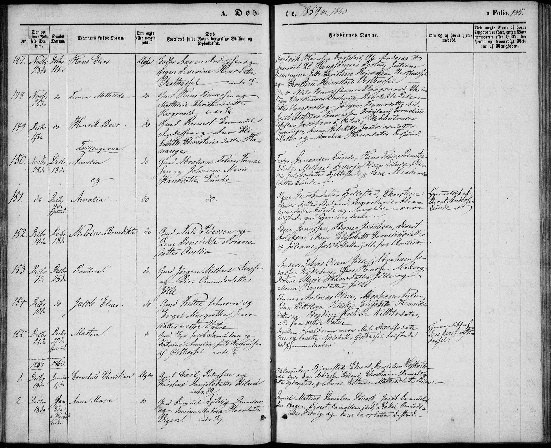 Lista sokneprestkontor, AV/SAK-1111-0027/F/Fb/L0002: Parish register (copy) no. B 2, 1847-1862, p. 135