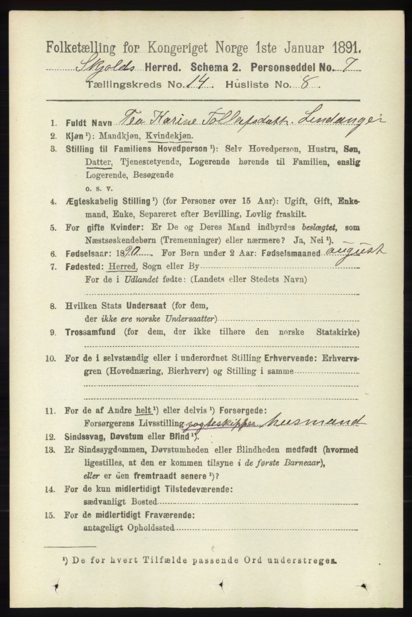 RA, 1891 census for 1154 Skjold, 1891, p. 2608
