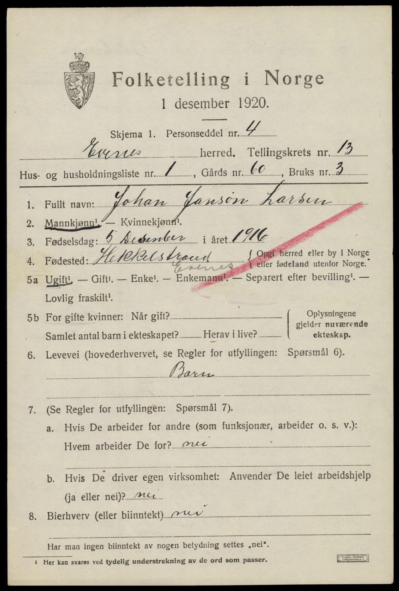 SAT, 1920 census for Evenes, 1920, p. 11900