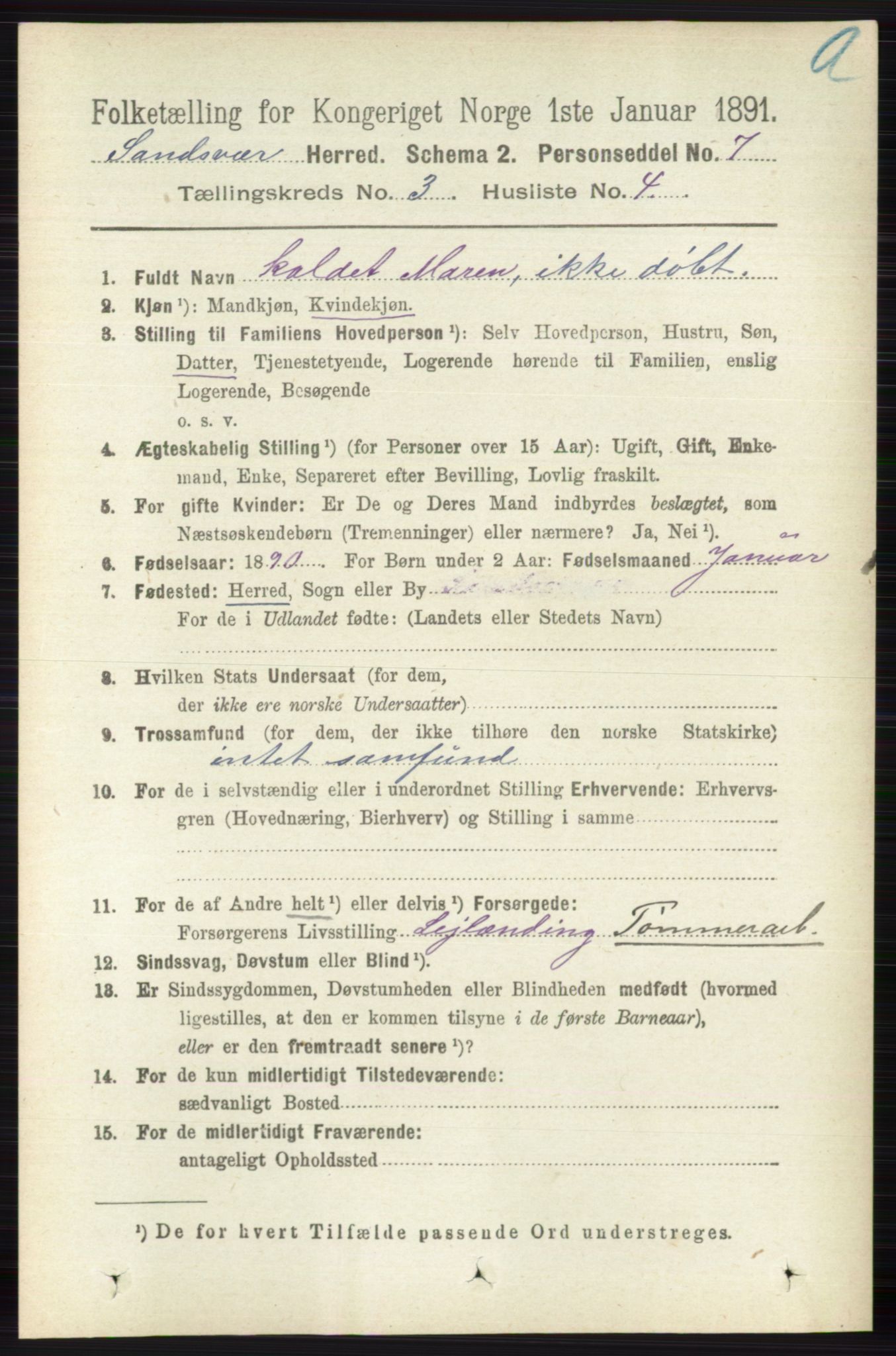 RA, 1891 census for 0629 Sandsvær, 1891, p. 1316
