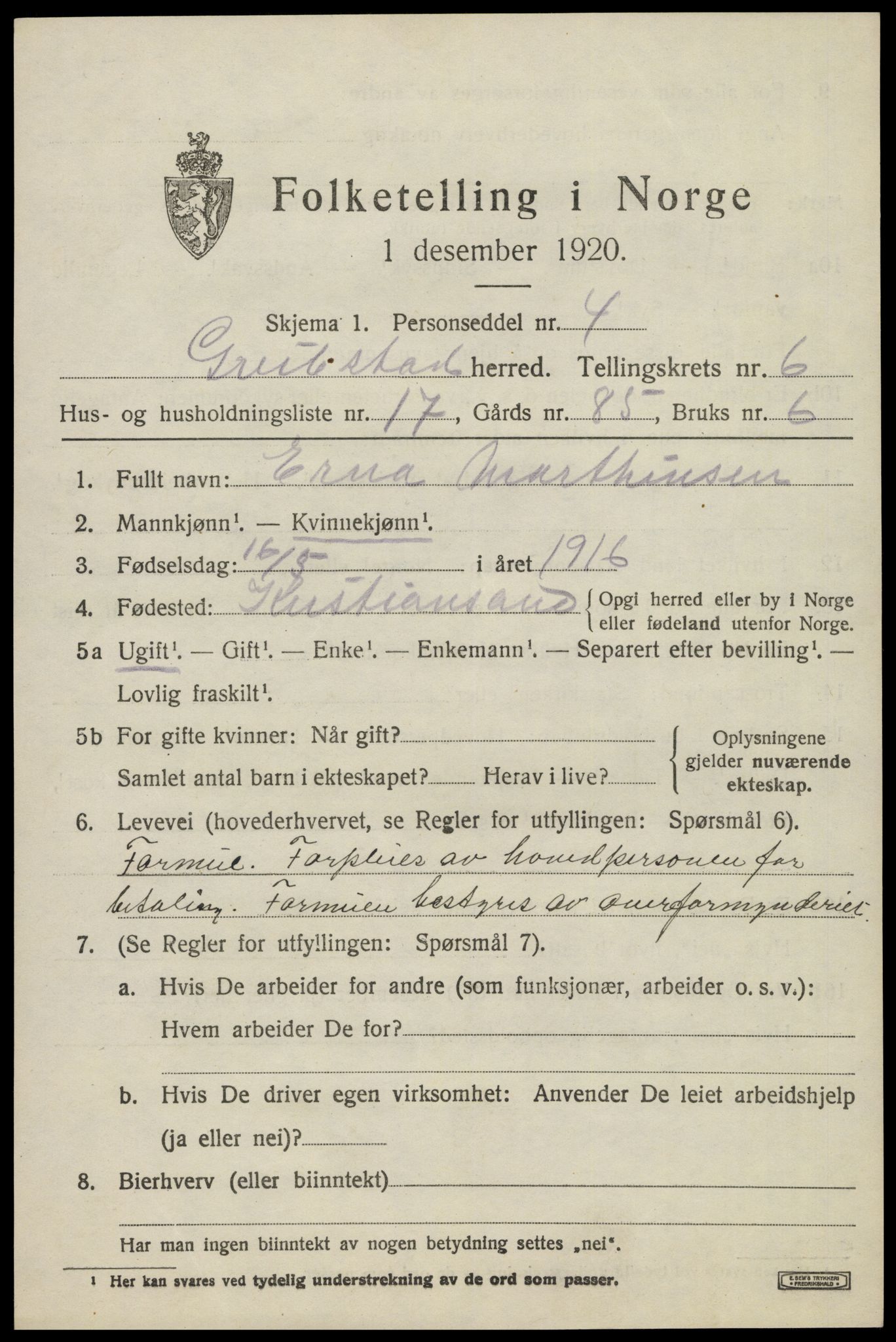 SAK, 1920 census for Greipstad, 1920, p. 2076