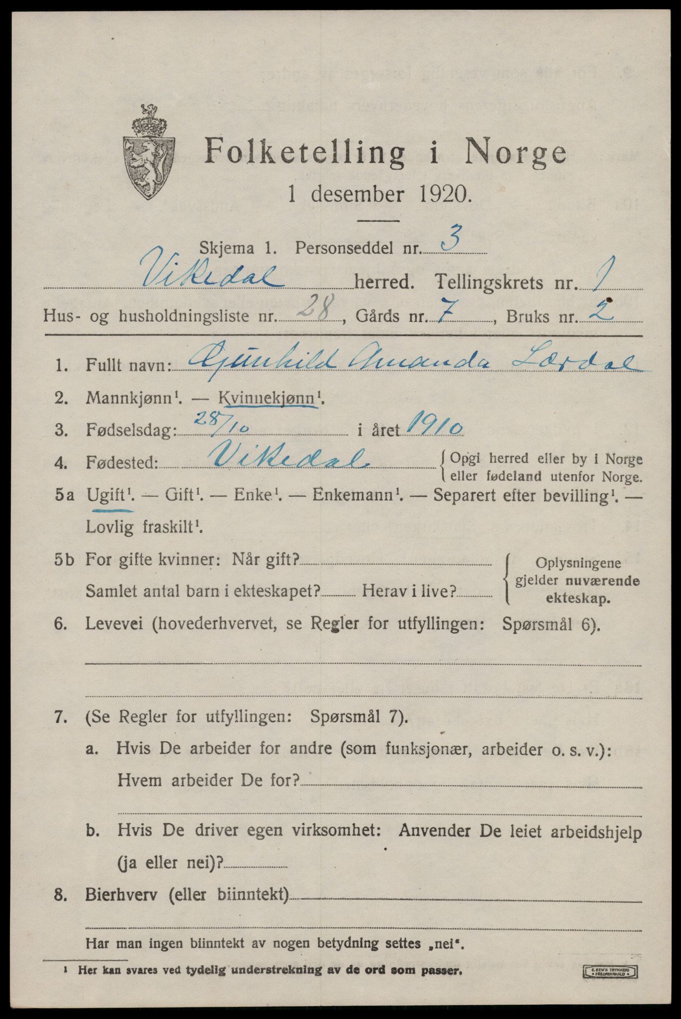 SAST, 1920 census for Vikedal, 1920, p. 1401