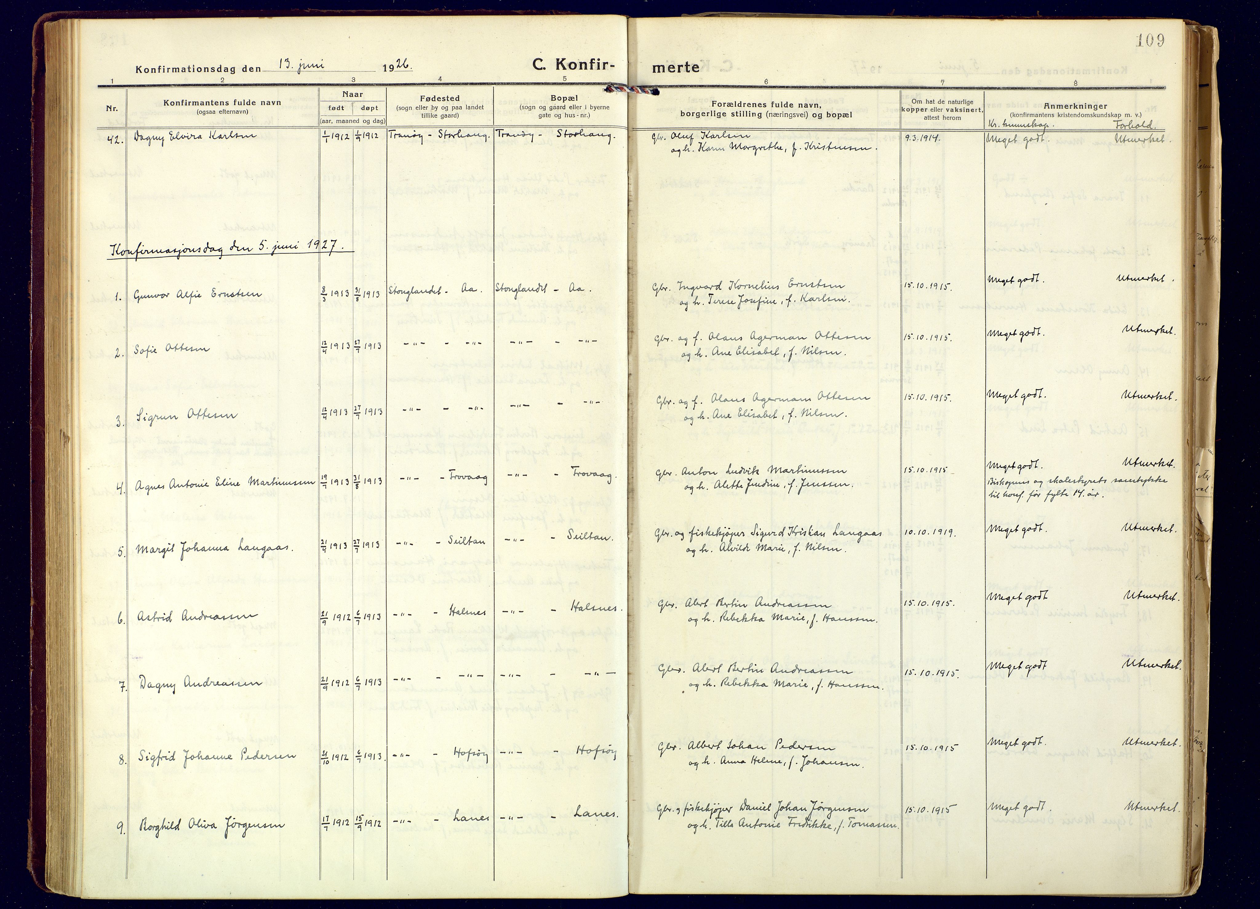 Tranøy sokneprestkontor, AV/SATØ-S-1313/I/Ia/Iaa/L0016kirke: Parish register (official) no. 16, 1919-1932, p. 109