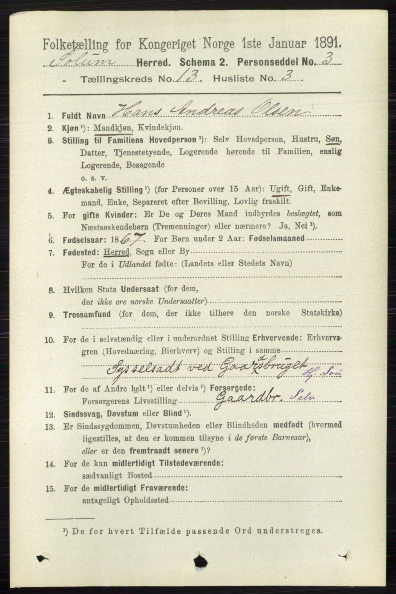 RA, 1891 census for 0818 Solum, 1891, p. 6070