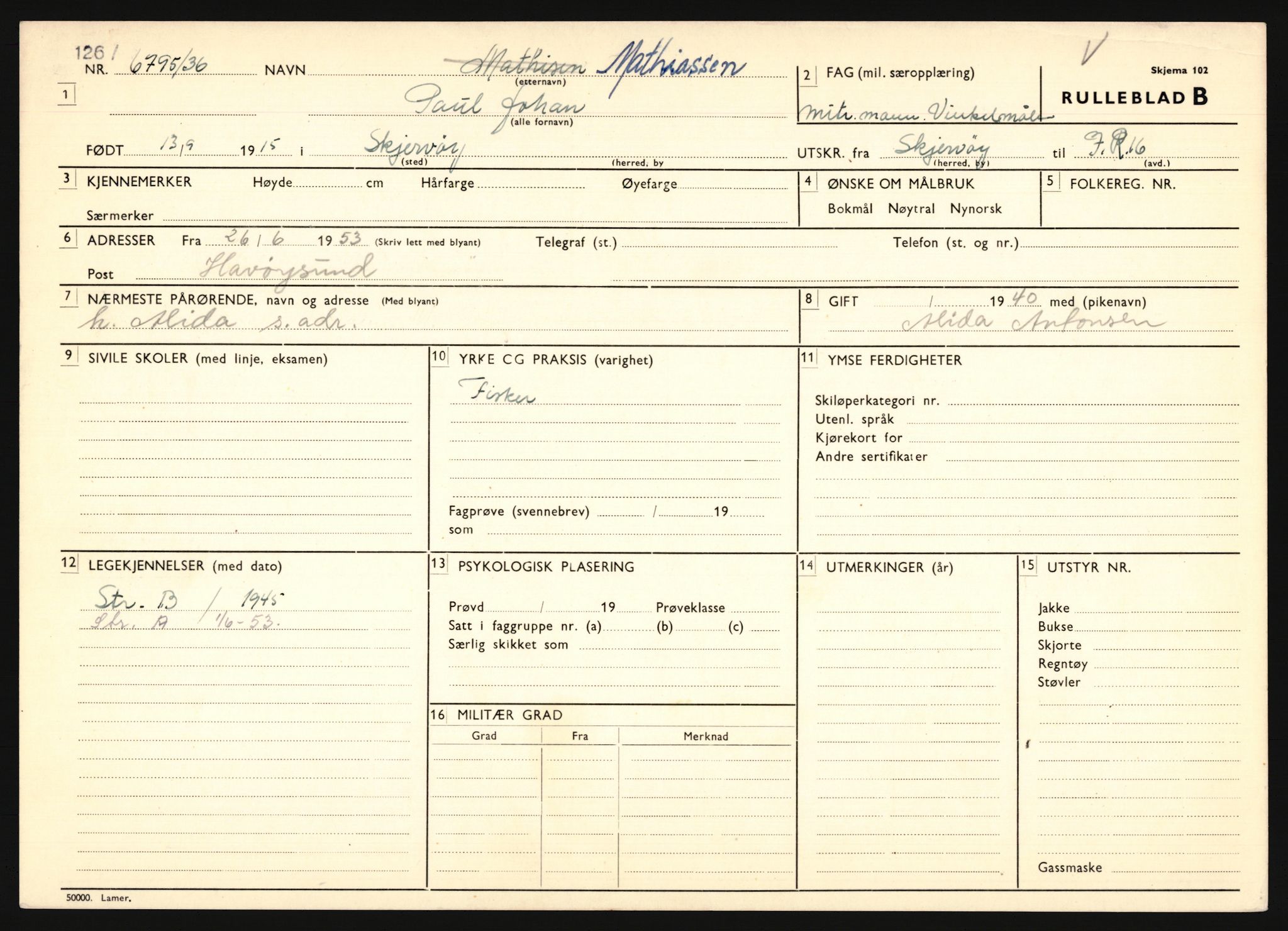 Forsvaret, Troms infanteriregiment nr. 16, AV/RA-RAFA-3146/P/Pa/L0020: Rulleblad for regimentets menige mannskaper, årsklasse 1936, 1936, p. 849