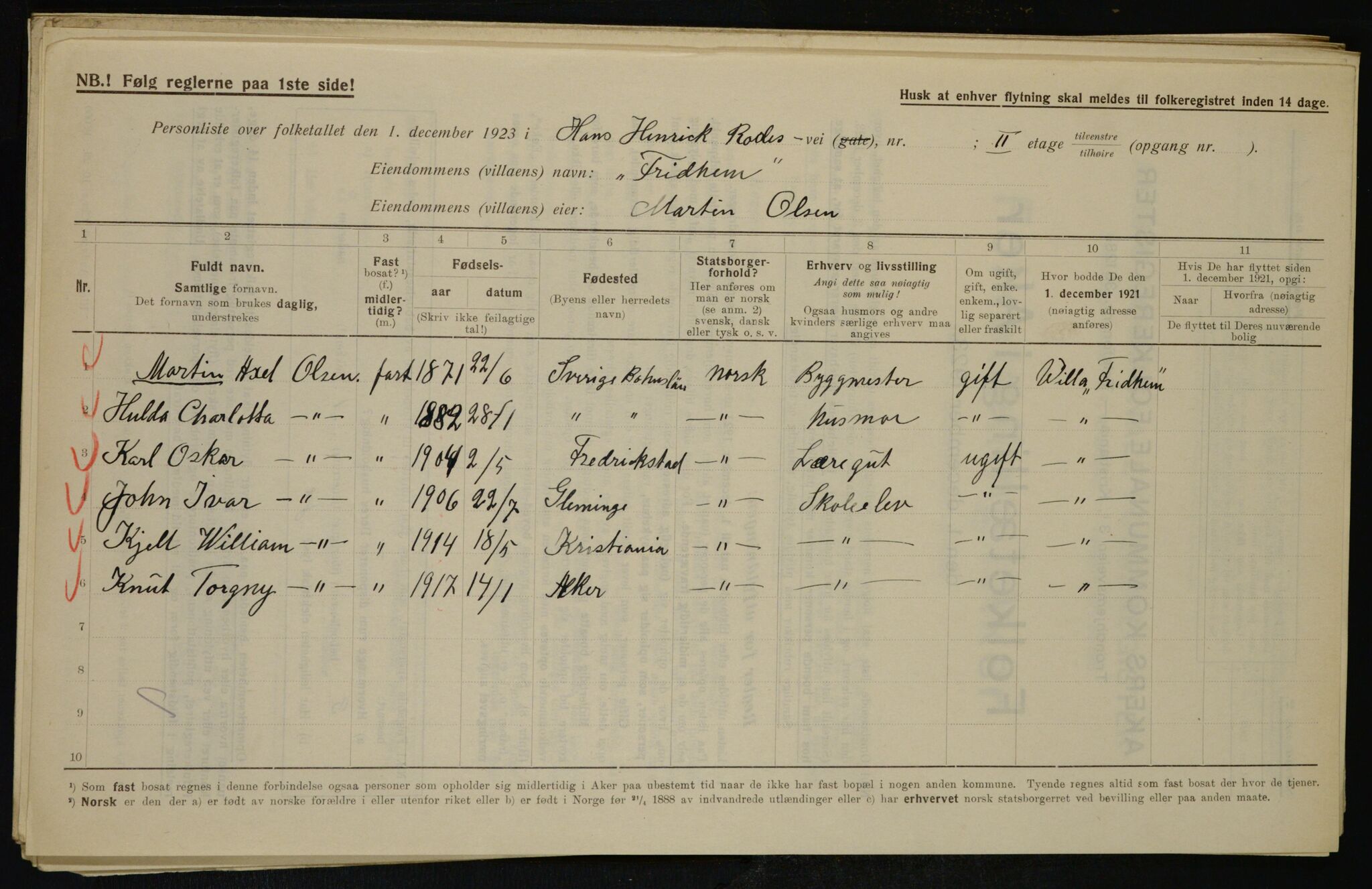 , Municipal Census 1923 for Aker, 1923, p. 43987