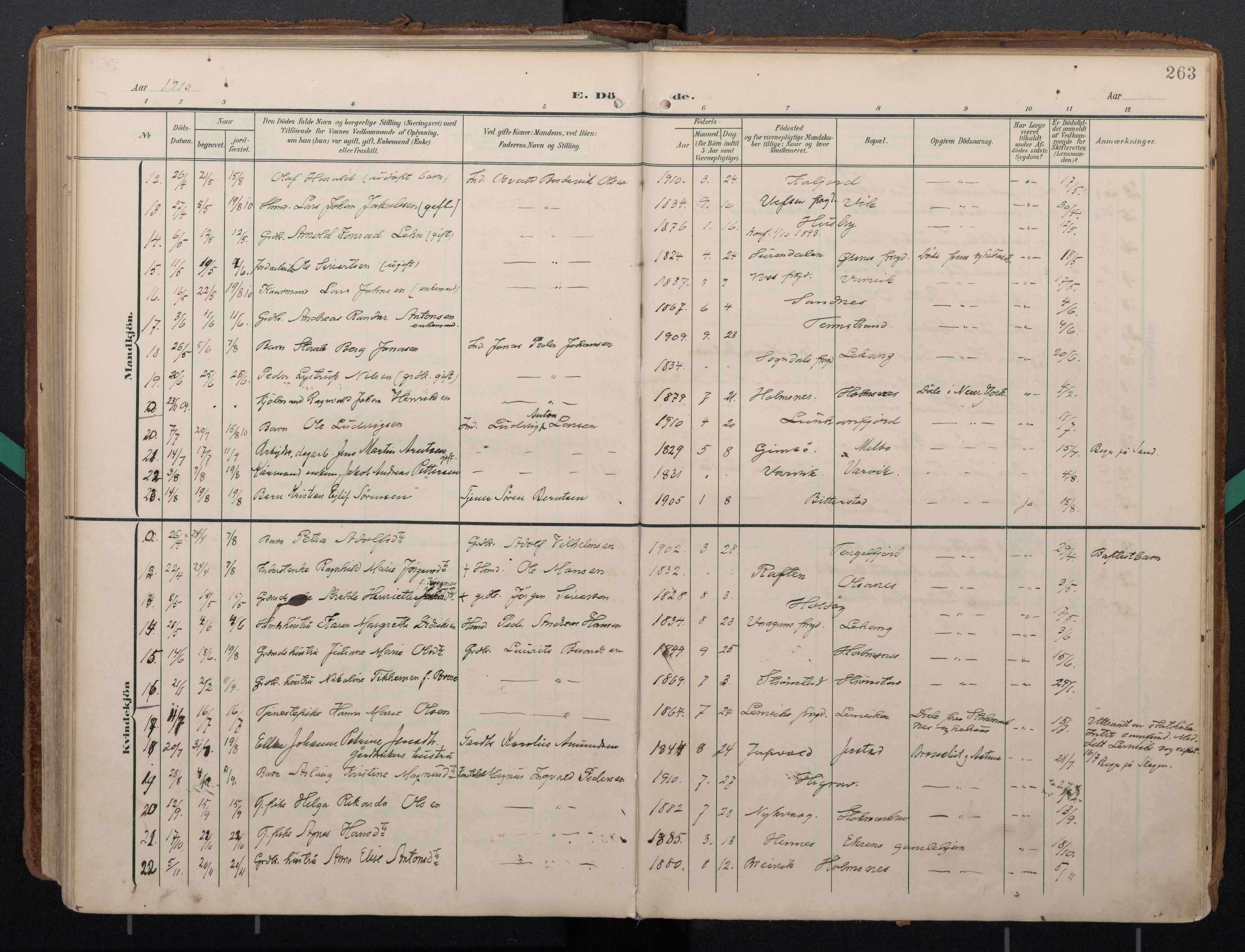 Ministerialprotokoller, klokkerbøker og fødselsregistre - Nordland, AV/SAT-A-1459/888/L1248: Parish register (official) no. 888A14, 1904-1913, p. 263