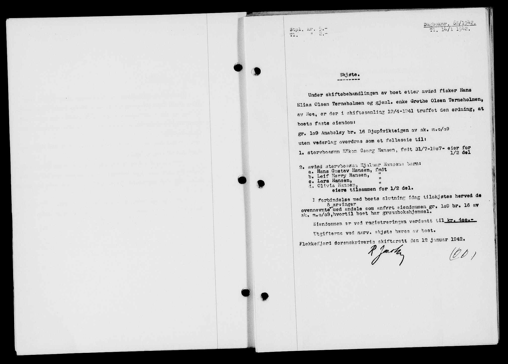 Flekkefjord sorenskriveri, SAK/1221-0001/G/Gb/Gba/L0057: Mortgage book no. A-5, 1941-1942, Diary no: : 68/1942