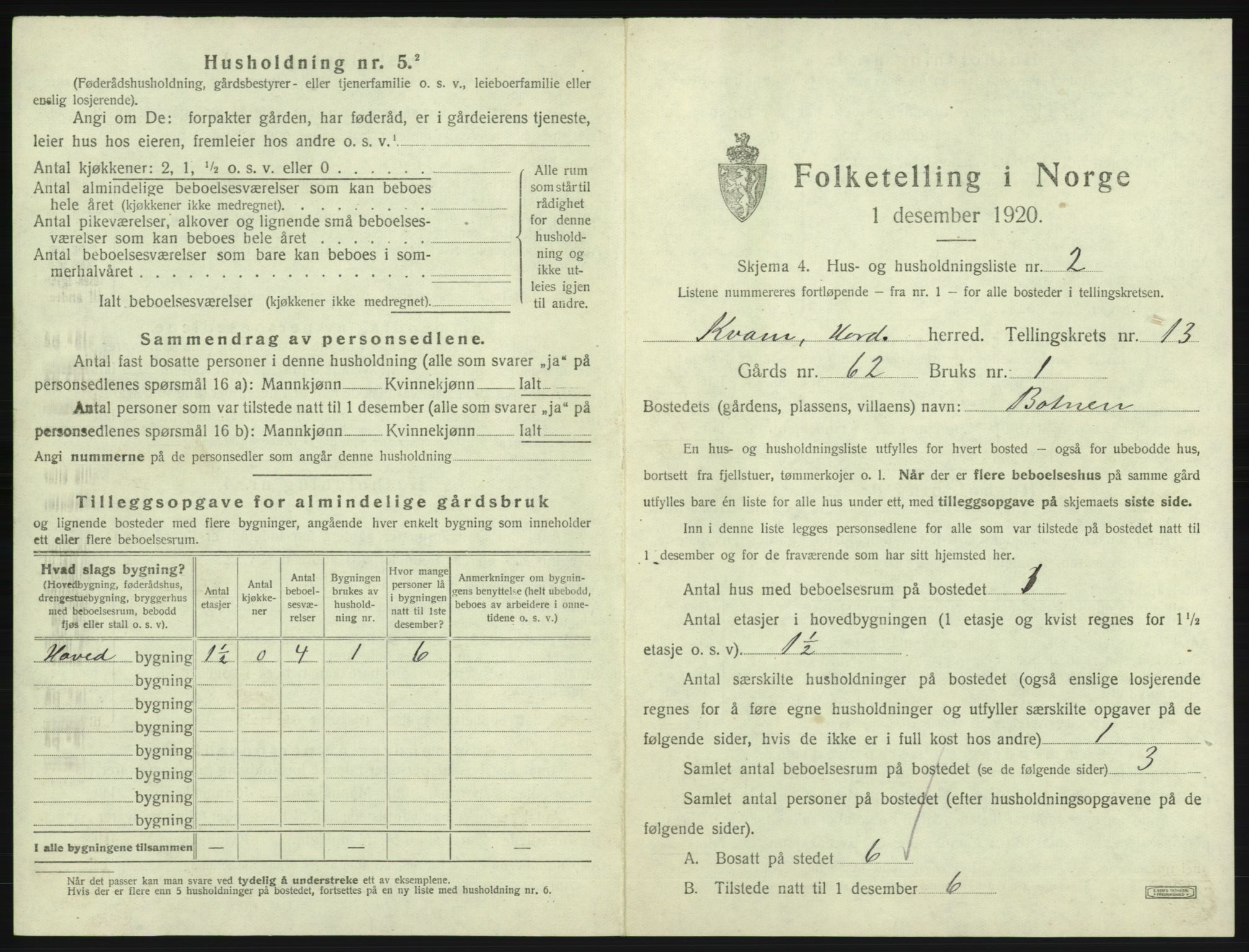 SAB, 1920 census for Kvam, 1920, p. 1122