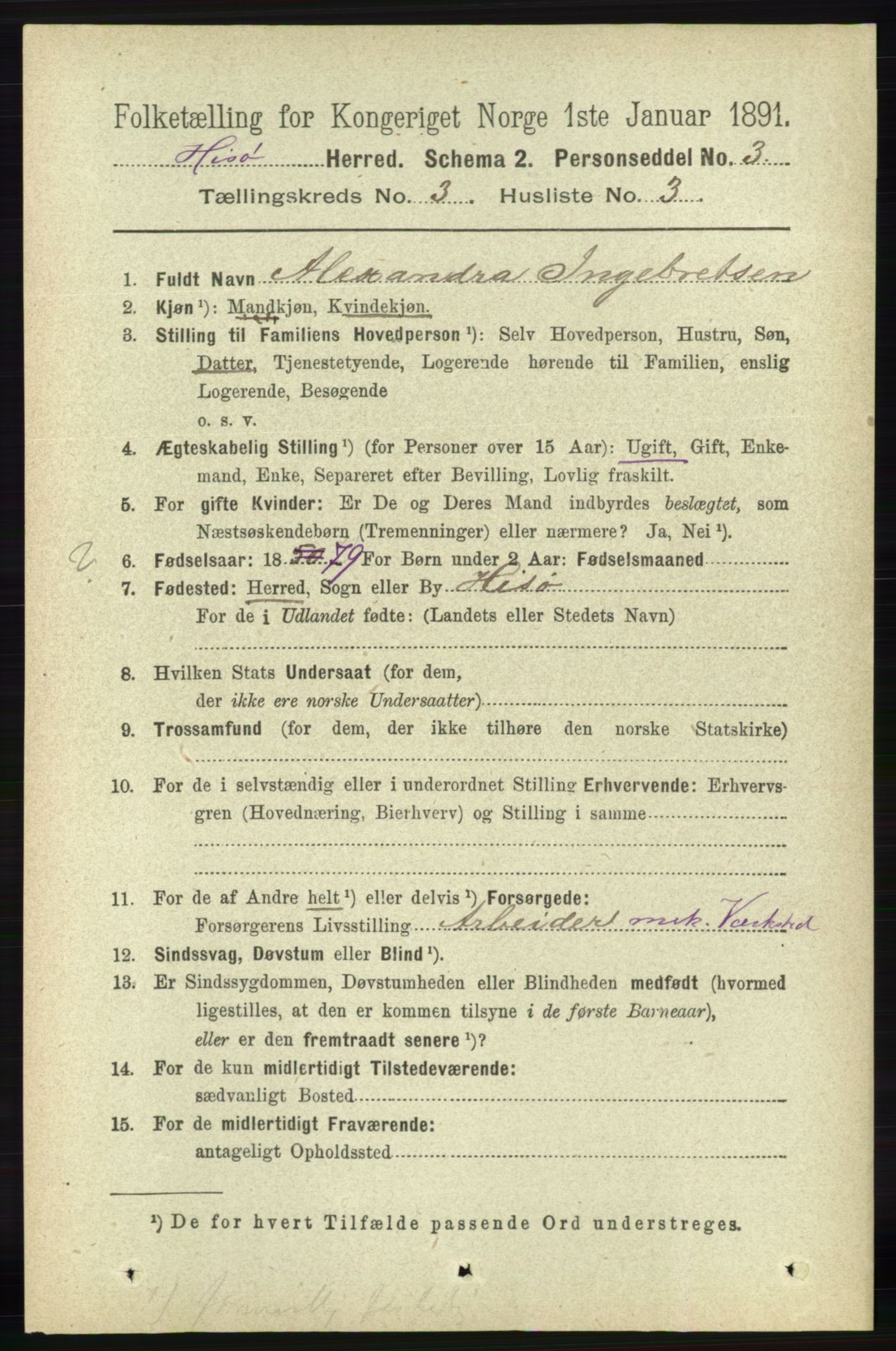 RA, 1891 census for 0922 Hisøy, 1891, p. 2261