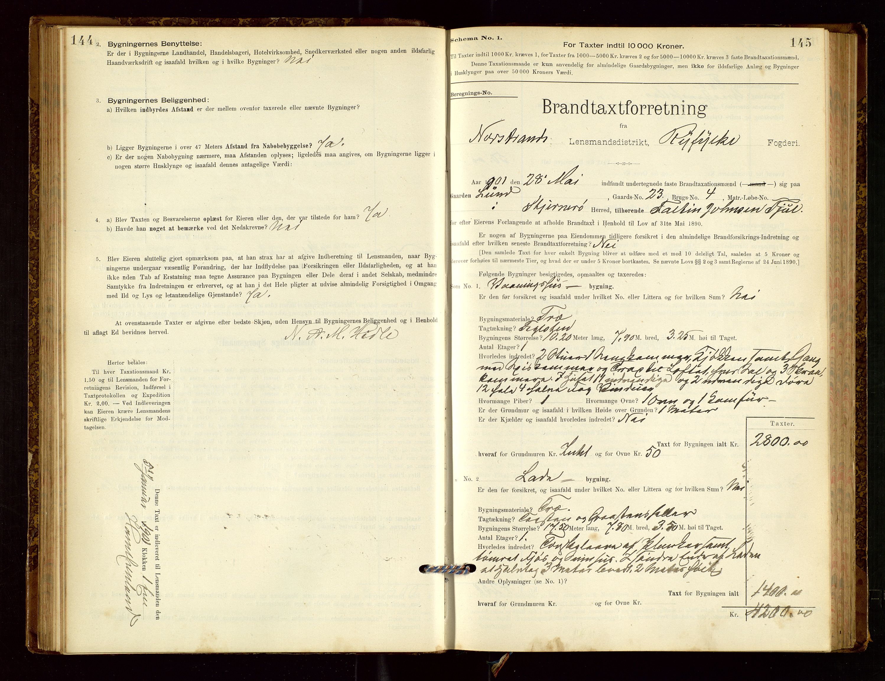 Nedstrand lensmannskontor, SAST/A-100236/Gob/L0001: "Brandtaxationsprotokol for Nerstrand Lensmandsdistrikt Ryfylke fogderi", 1895-1915, p. 144-145