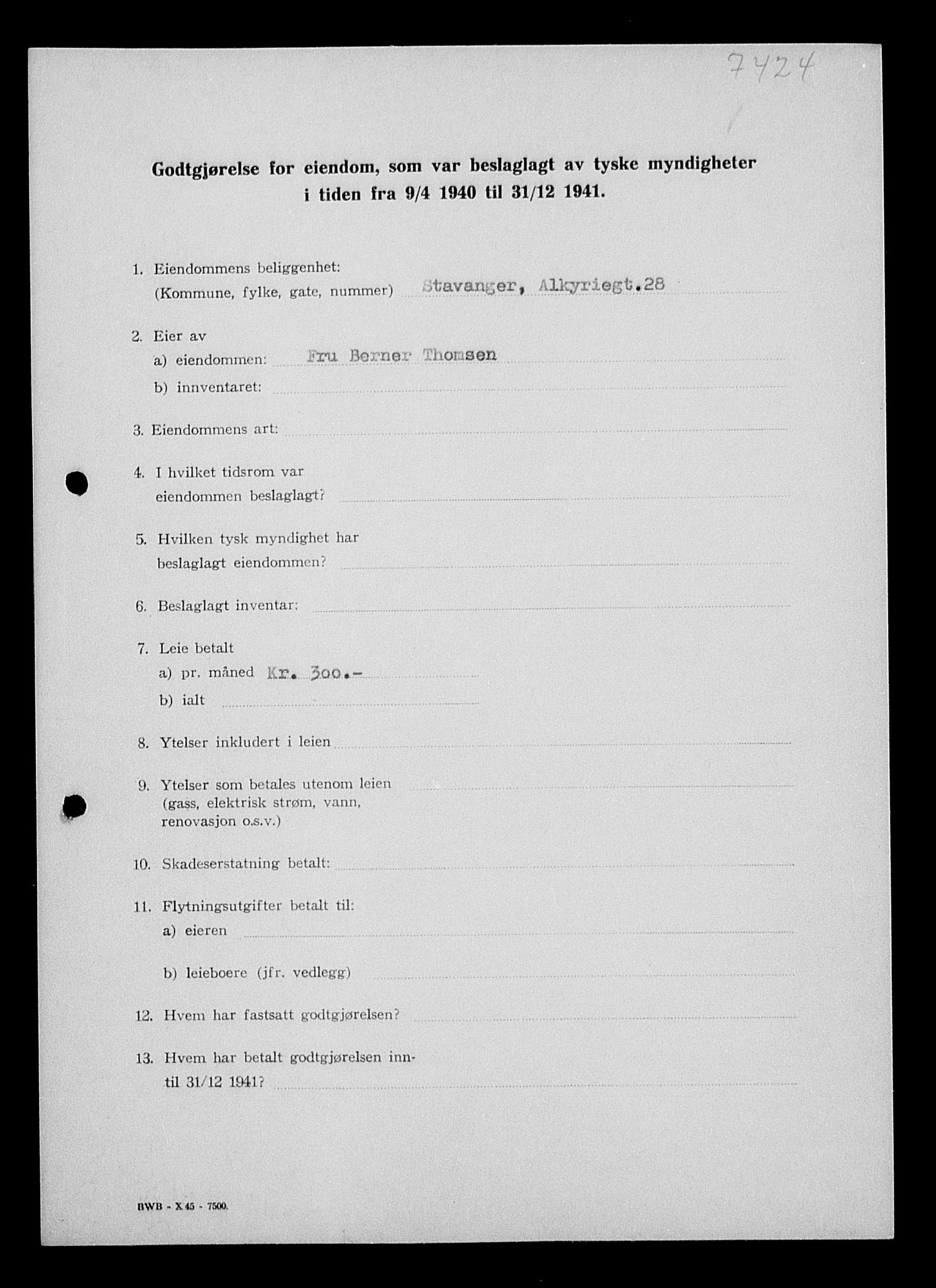 Justisdepartementet, Tilbakeføringskontoret for inndratte formuer, AV/RA-S-1564/I/L1014: Godtgjørelse for beslaglagt eiendom, 1940-1941, p. 140