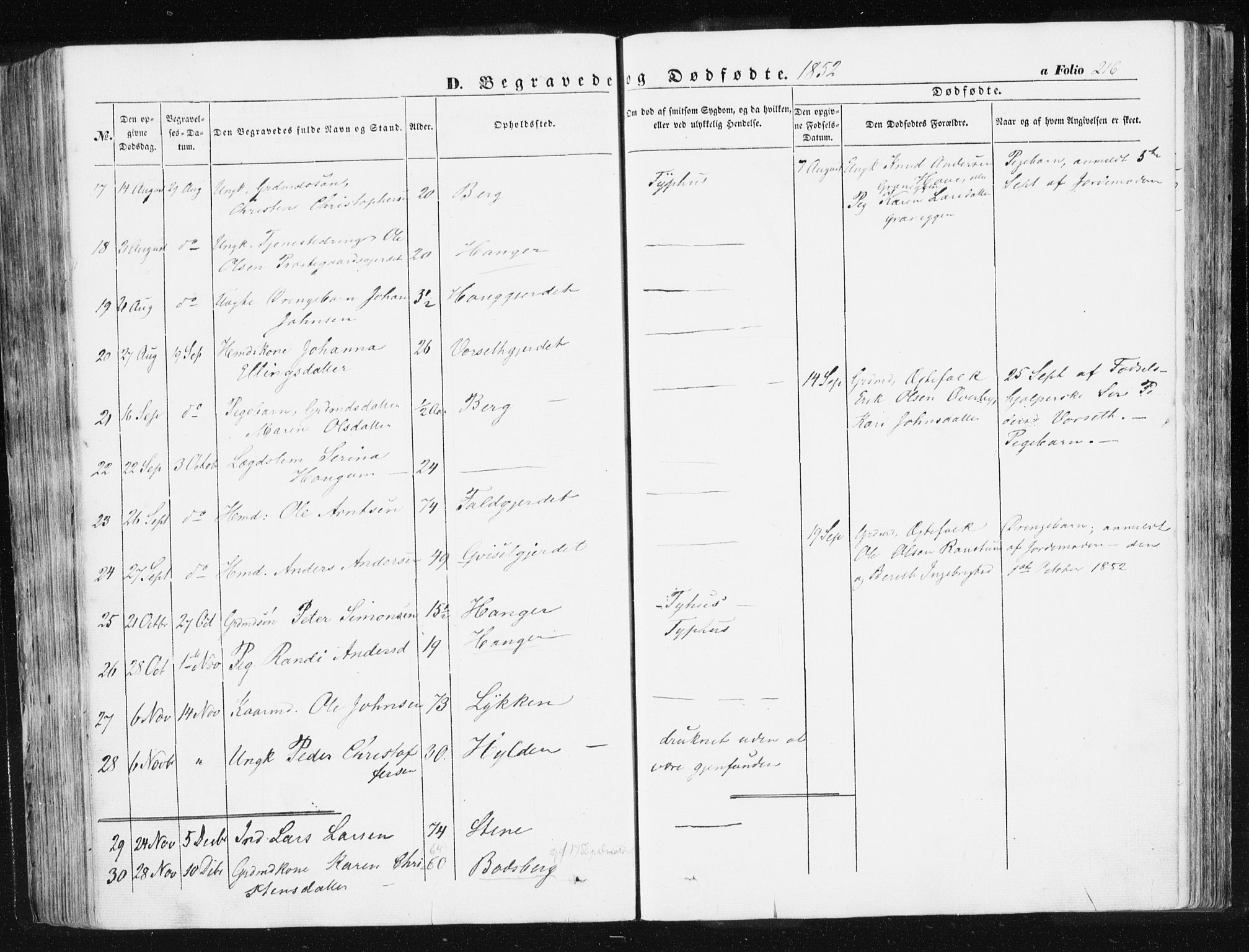 Ministerialprotokoller, klokkerbøker og fødselsregistre - Sør-Trøndelag, SAT/A-1456/612/L0376: Parish register (official) no. 612A08, 1846-1859, p. 216