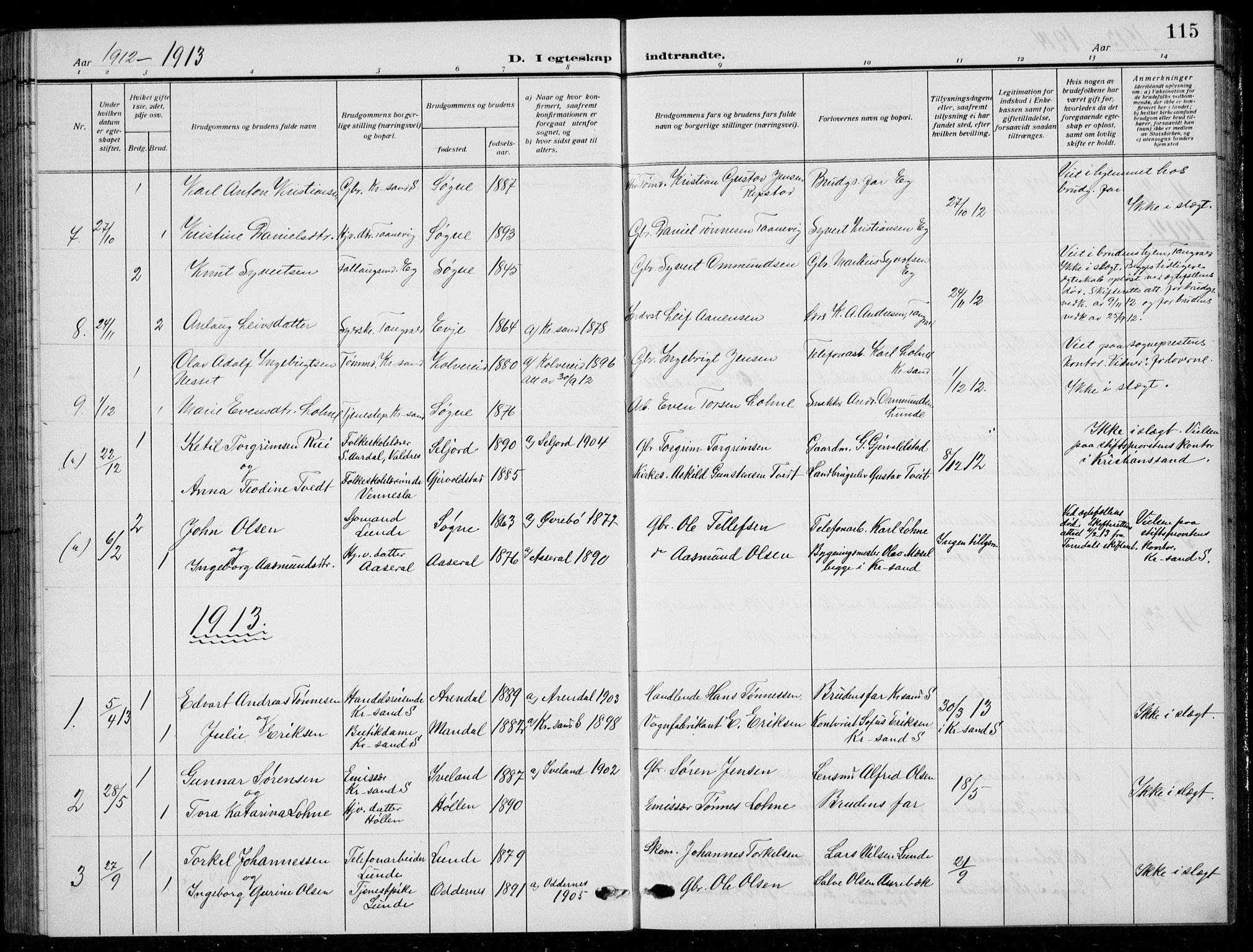 Søgne sokneprestkontor, SAK/1111-0037/F/Fb/Fbb/L0007: Parish register (copy) no. B 7, 1912-1931, p. 115