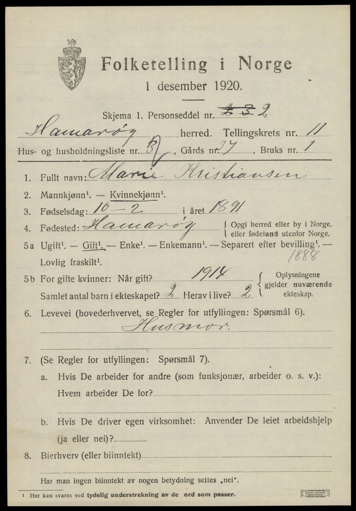 SAT, 1920 census for Hamarøy, 1920, p. 5230