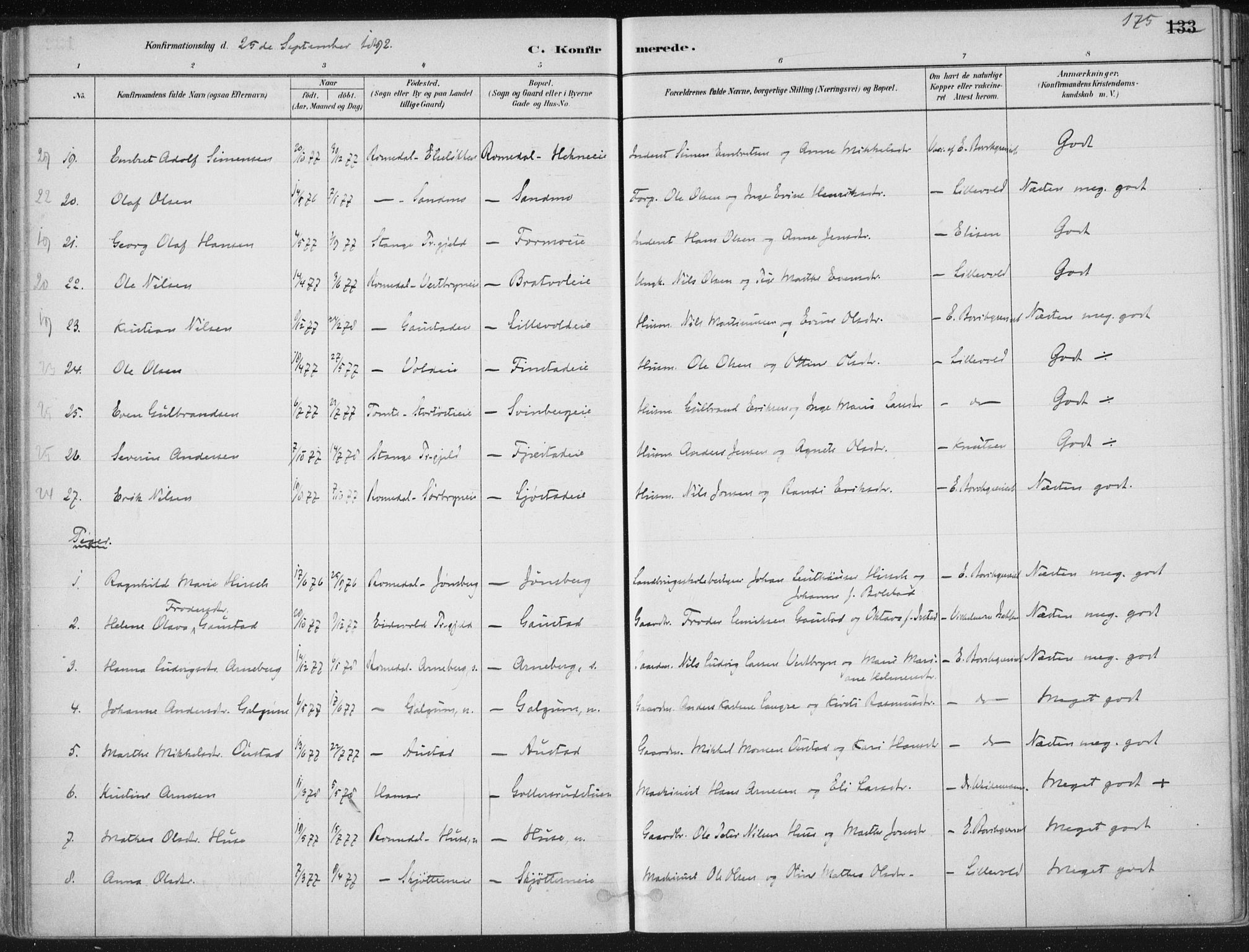 Romedal prestekontor, SAH/PREST-004/K/L0010: Parish register (official) no. 10, 1880-1895, p. 175