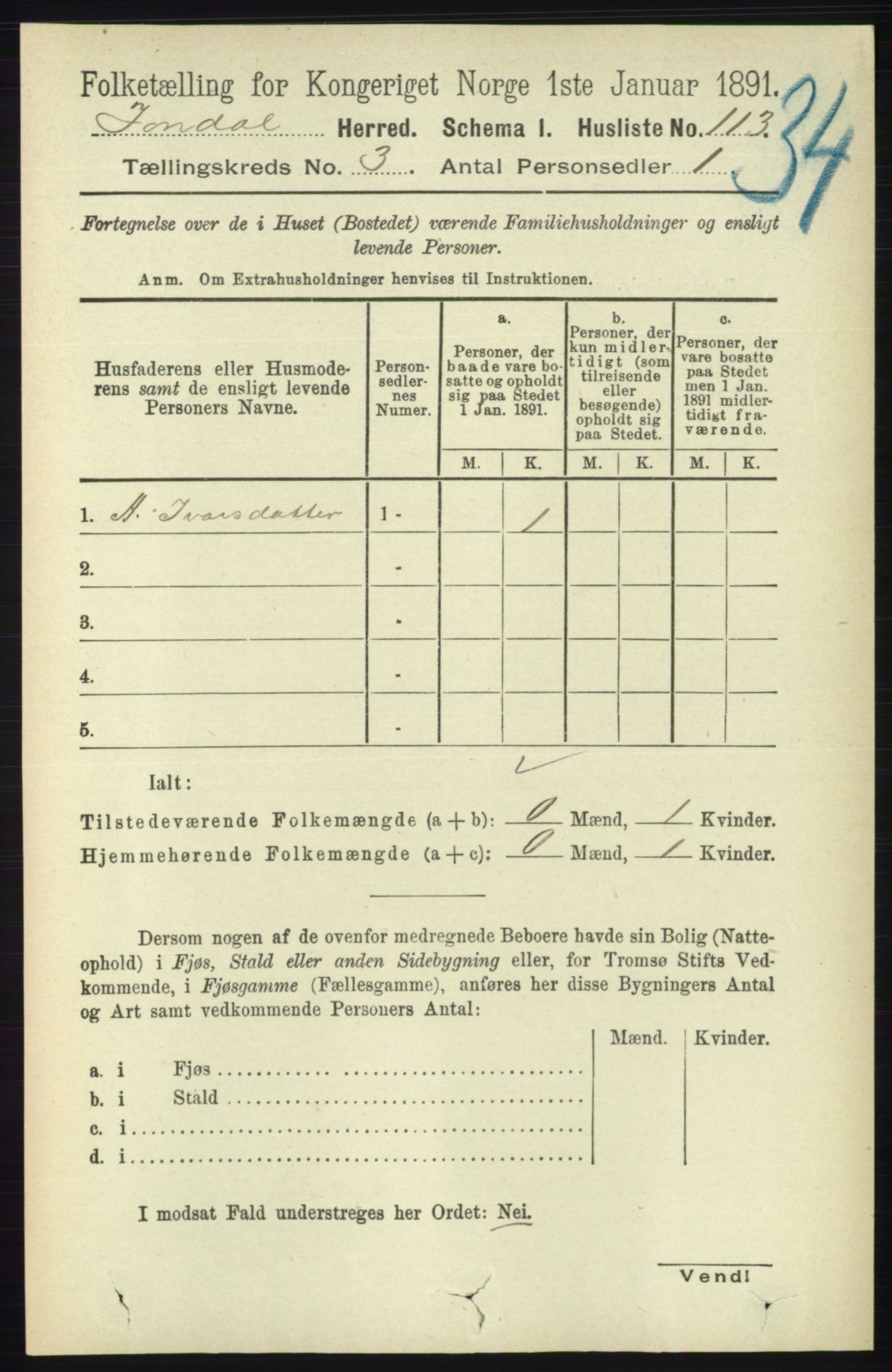 RA, 1891 census for 1227 Jondal, 1891, p. 1294