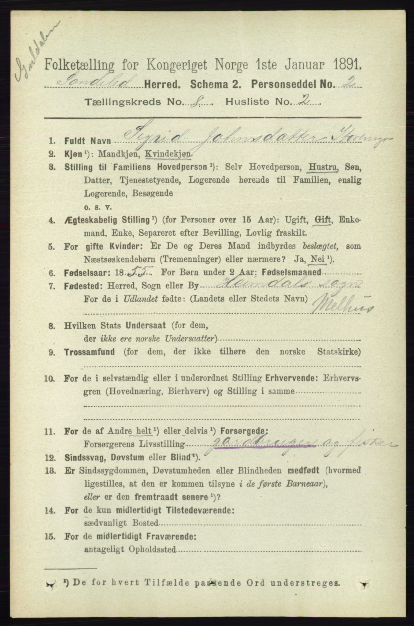 RA, 1891 census for 0913 Søndeled, 1891, p. 2579