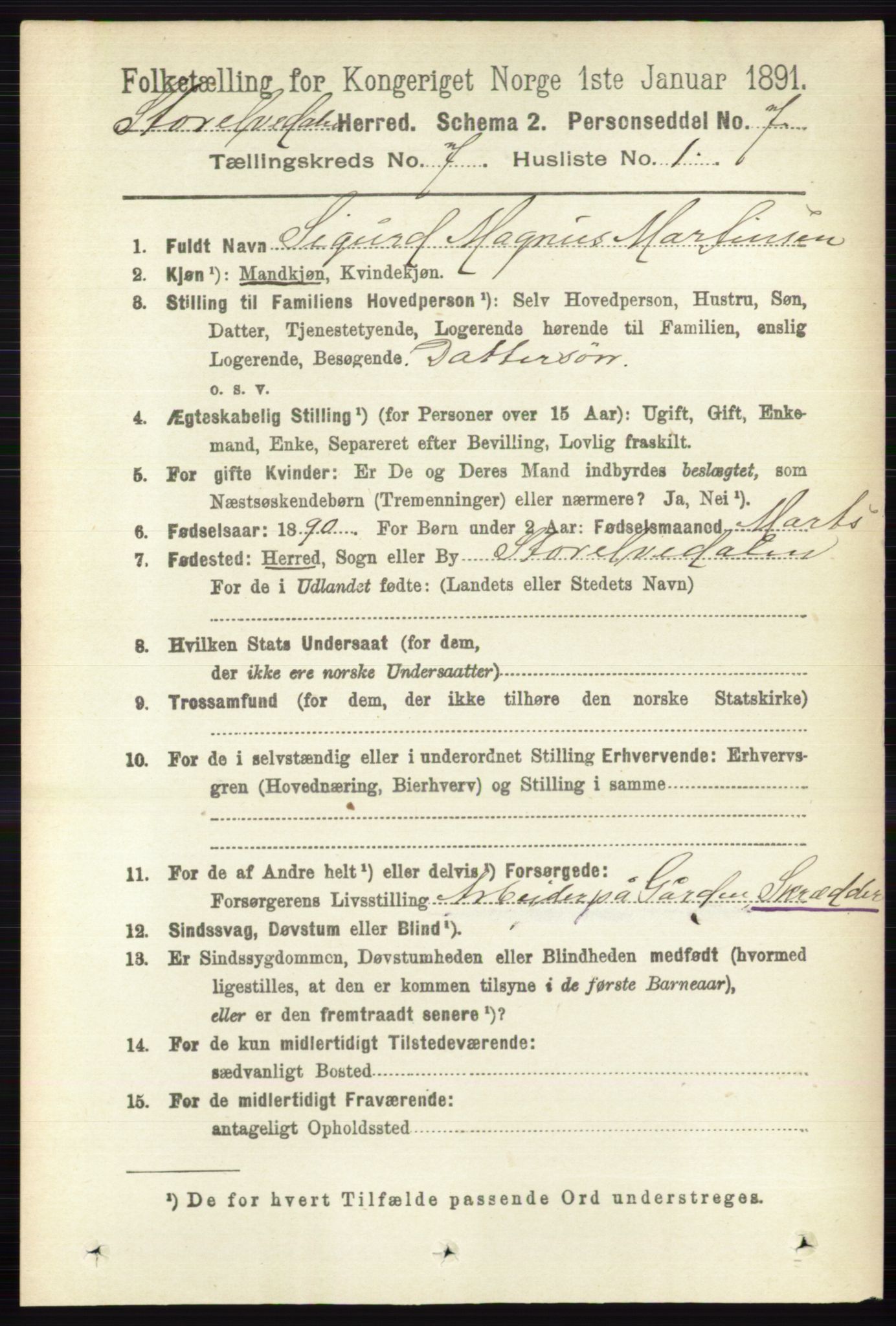 RA, 1891 census for 0430 Stor-Elvdal, 1891, p. 2654