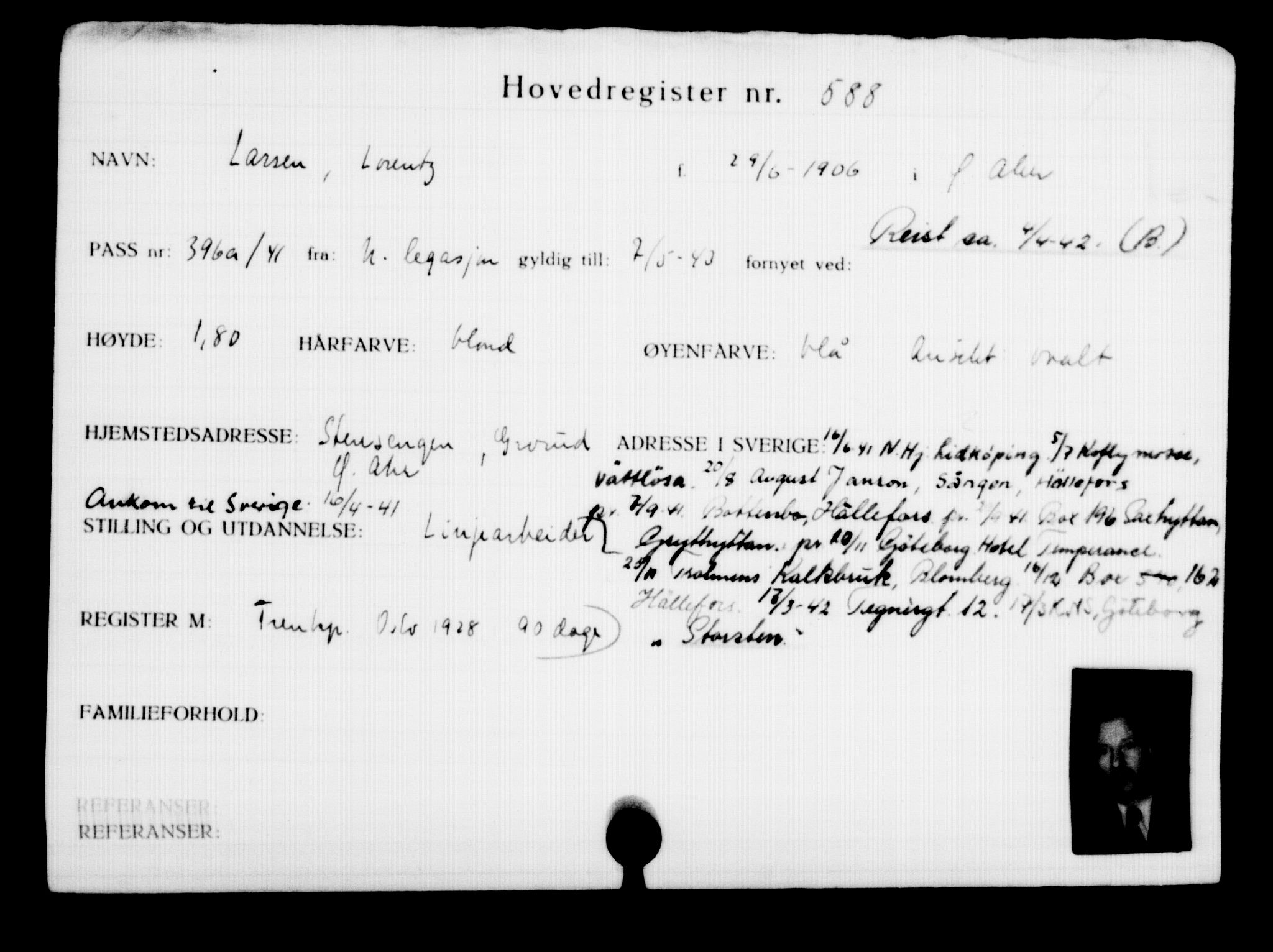 Utenriksstasjonene, Legasjonen i Stockholm, Flyktningkontoret, AV/RA-S-6753/V/Va/L0001: Kjesäterkartoteket, flyktninger med registreringsnr. 1-1000, 1940-1945, p. 915