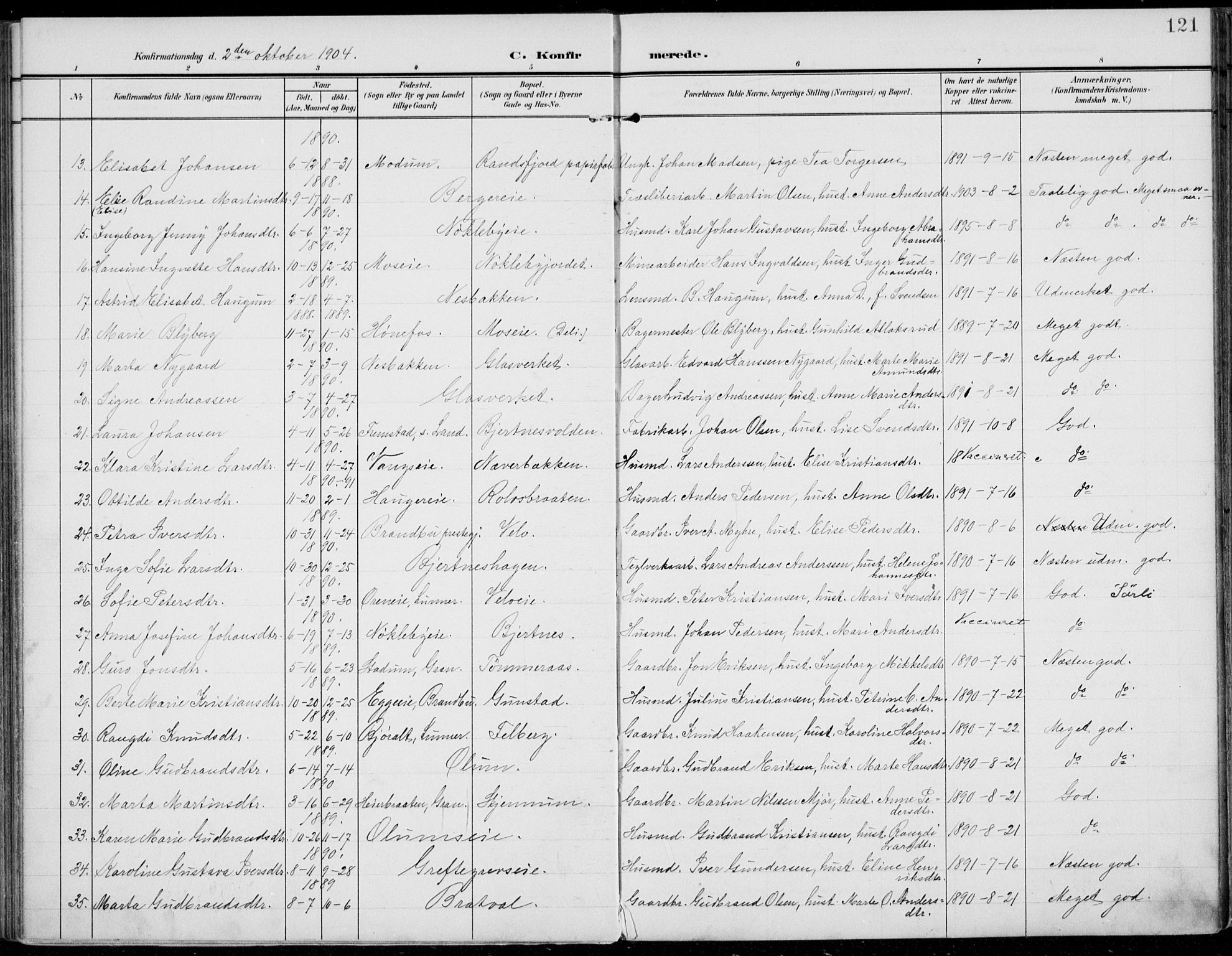 Jevnaker prestekontor, AV/SAH-PREST-116/H/Ha/Haa/L0011: Parish register (official) no. 11, 1902-1913, p. 121