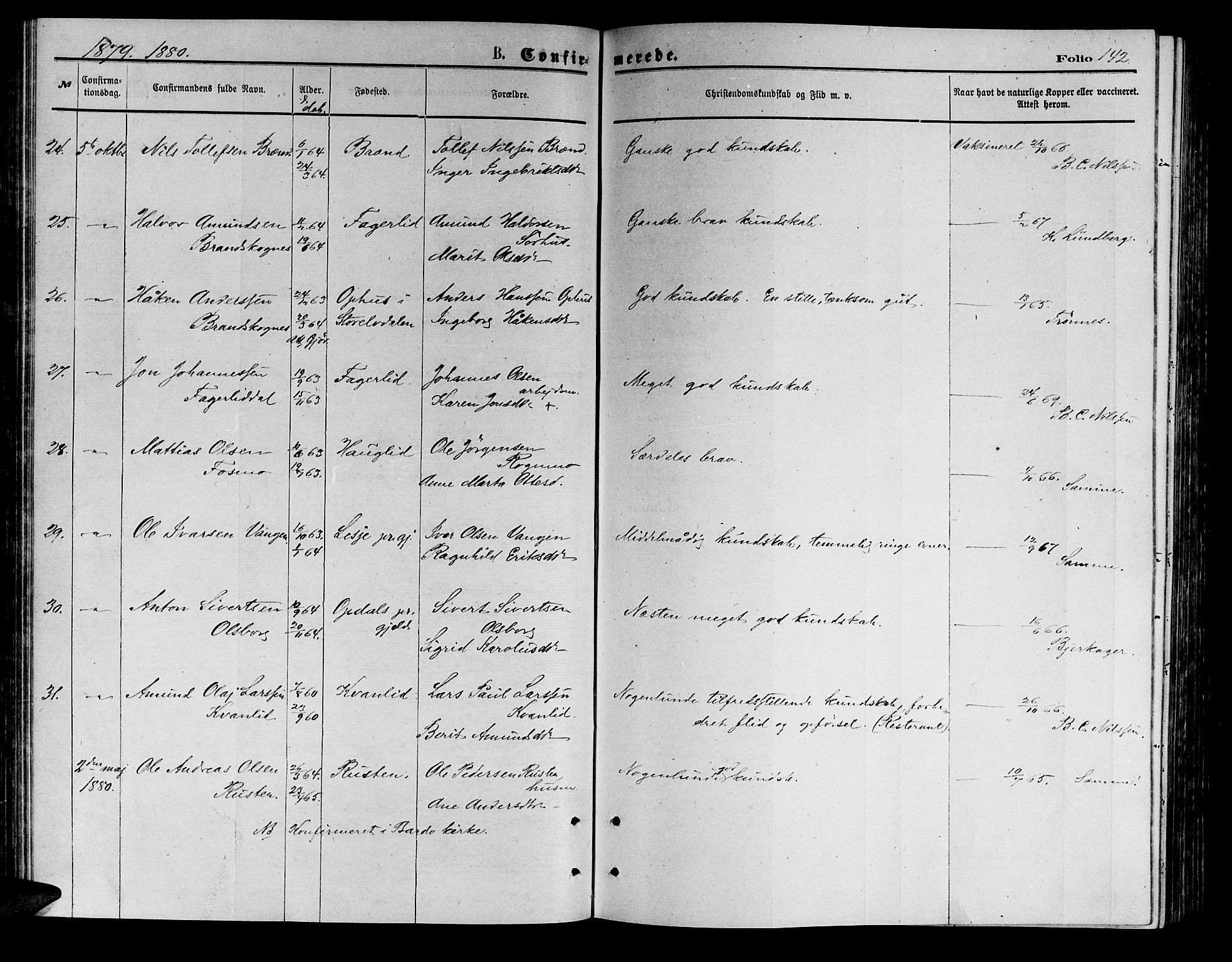 Målselv sokneprestembete, SATØ/S-1311/G/Ga/Gab/L0003klokker: Parish register (copy) no. 3, 1874-1885, p. 142
