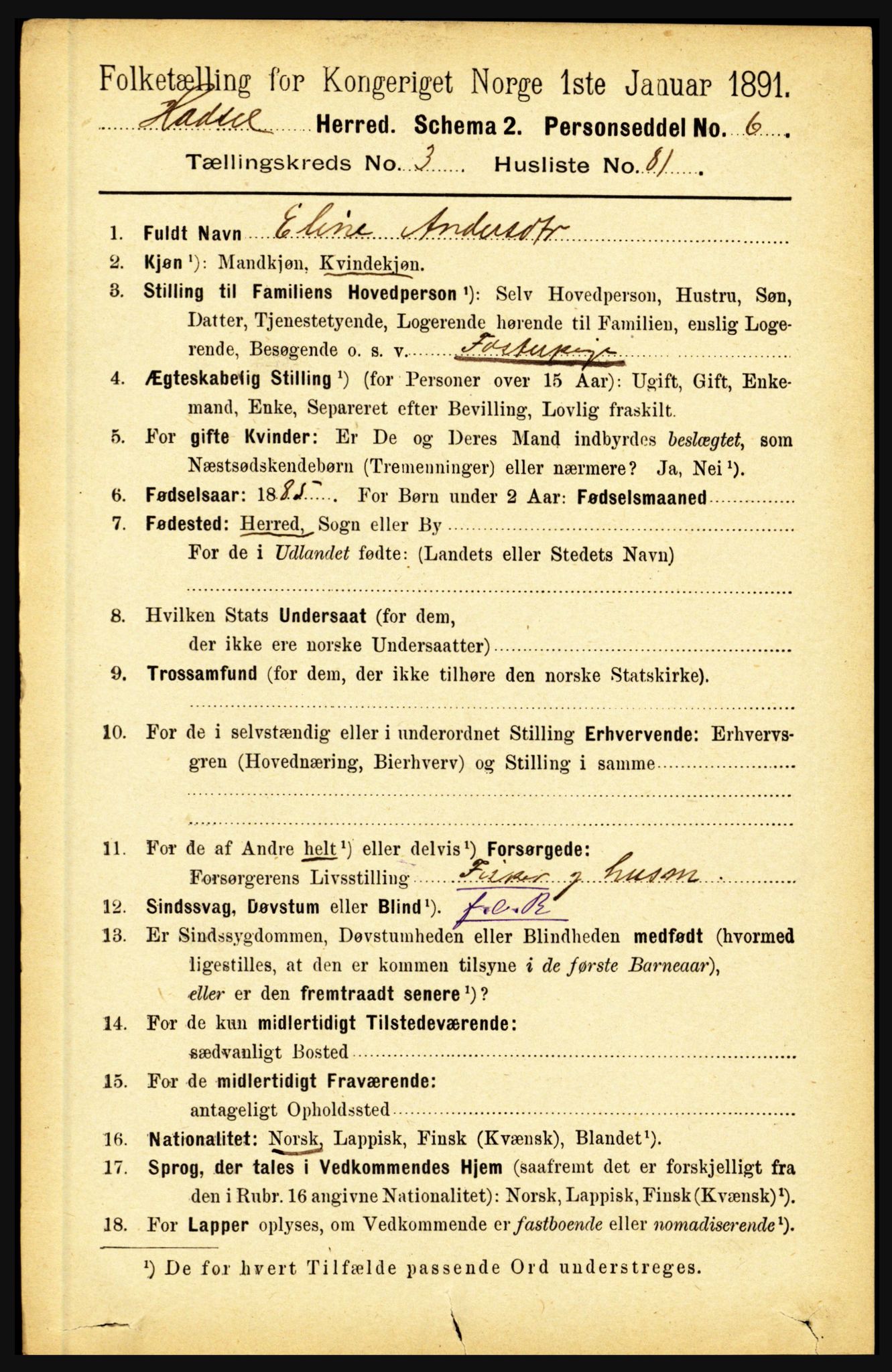 RA, 1891 census for 1866 Hadsel, 1891, p. 1649