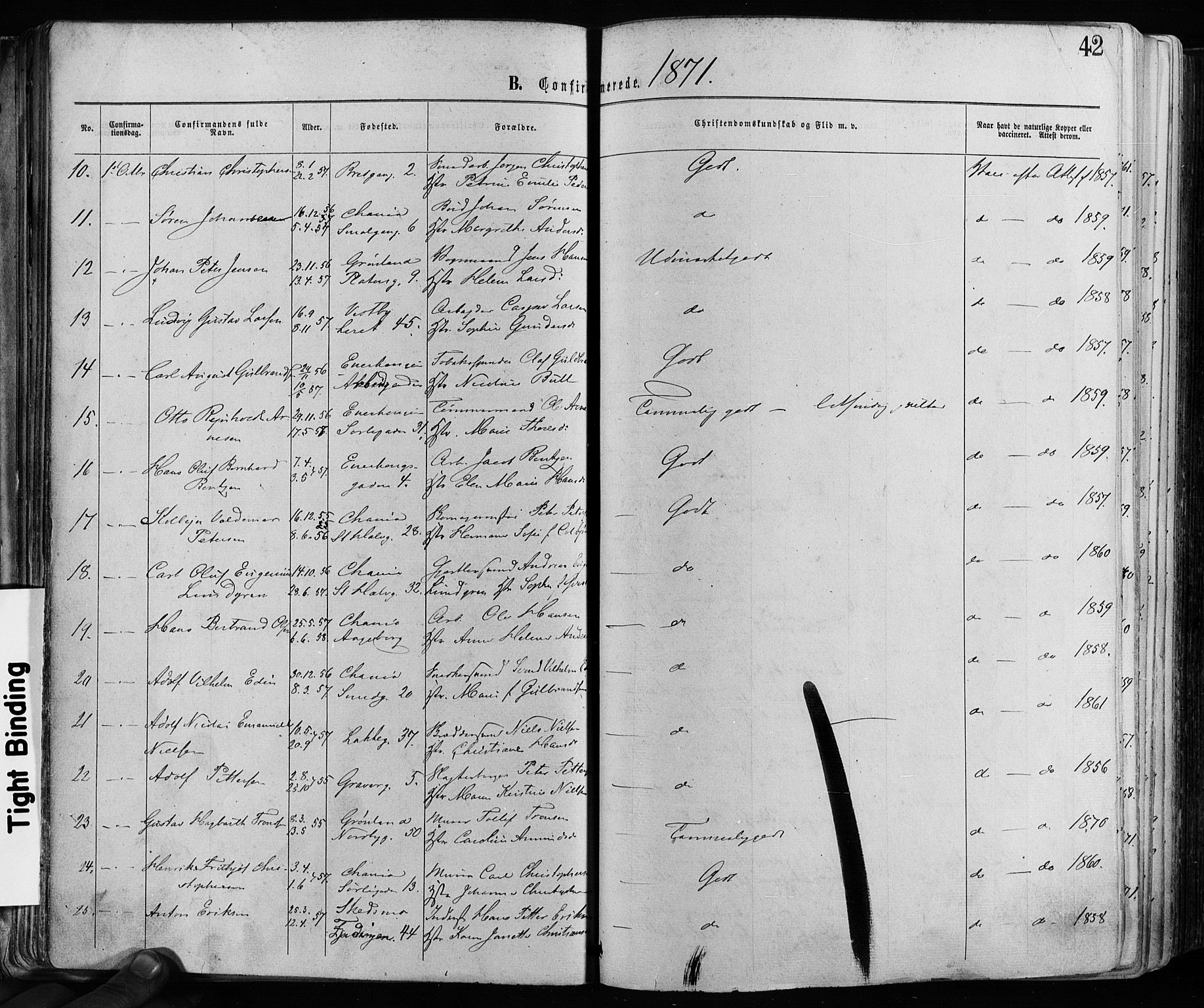 Grønland prestekontor Kirkebøker, AV/SAO-A-10848/F/Fa/L0005: Parish register (official) no. 5, 1869-1880, p. 42